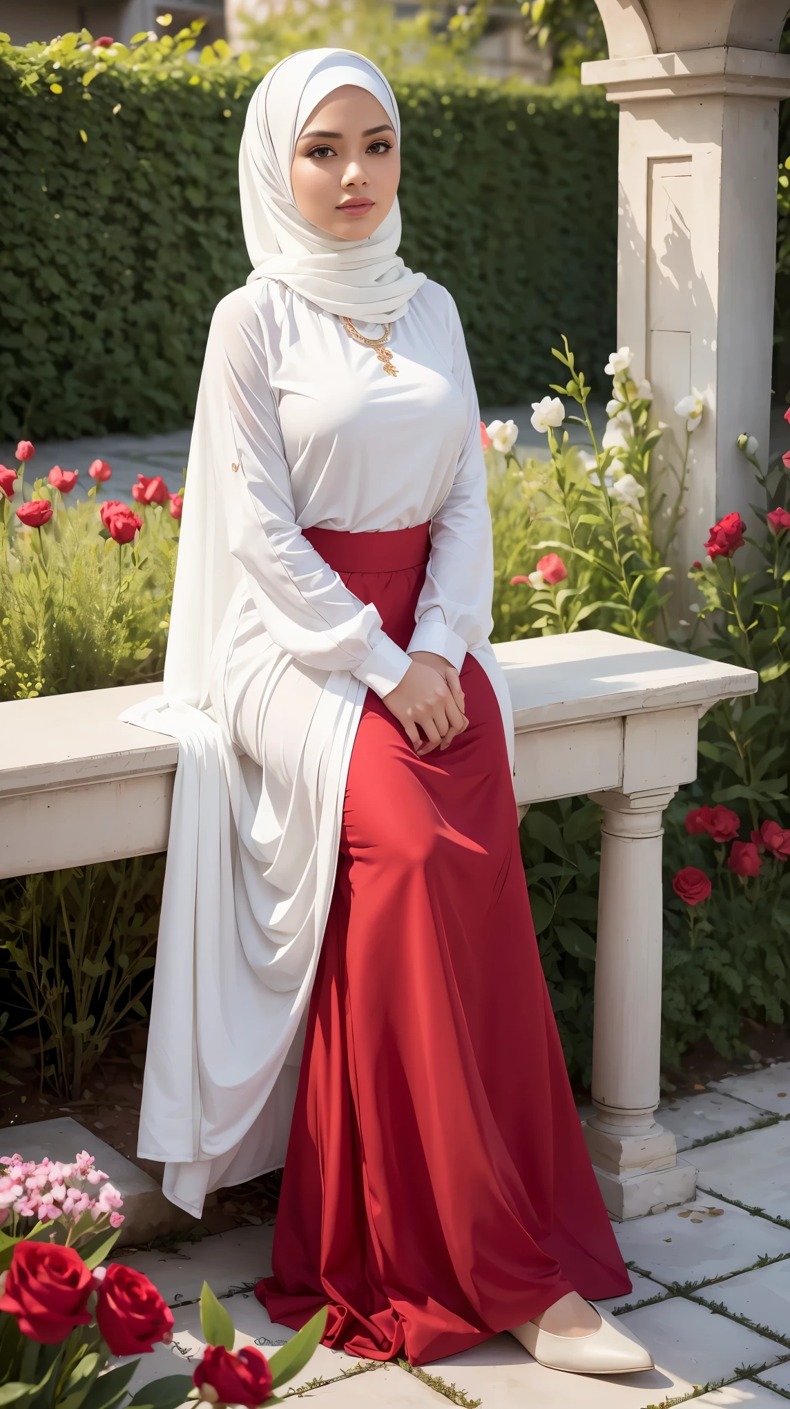 RAW, (Best quality, high resolution, work: 1.3), Beautiful Malay woman in hijab, fit body, Big breasts, Beautiful big eyes, Soft smile, beautiful face, slightly open mouth, thick thighs, beautiful girl, beautiful breasts, detail face, woman in a white blouse and red very long skirt sitting on garden flower, with lovely look, cute woman, long red skirt, katelynn long skirt style, white hijab, wonderful masterpiece, bautiful, beutiful, cute beautiful, traditional beauty, hijab, wearing beautiful clothes, with beautiful exotic, white and light-red outfit, beutifull, white and red, gorgeous lady, in flower garden, beautiful woman. perfect lighting