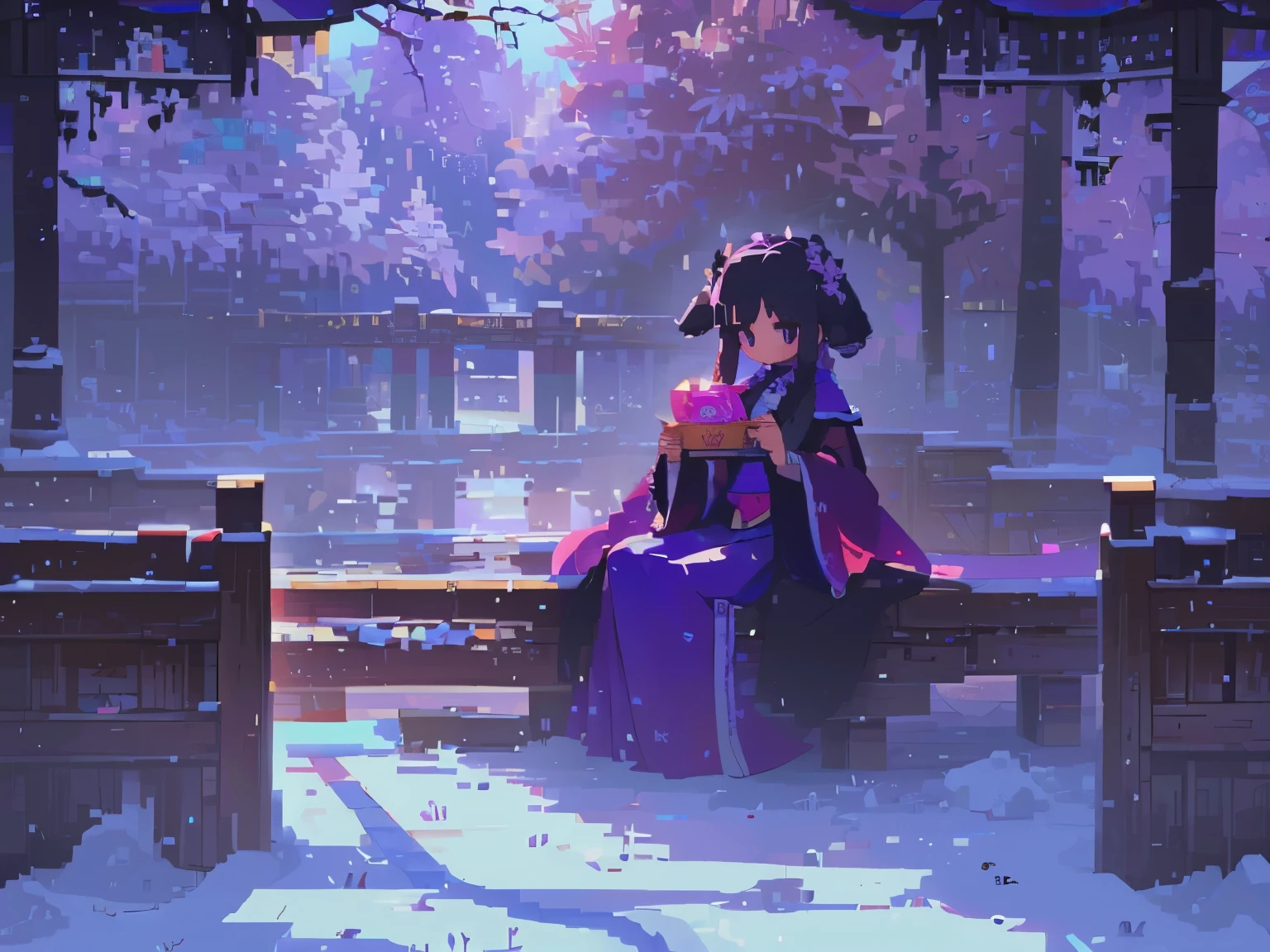 Bright purple Taoist robe, hanfu long skirt, Big eyes, Masterpiece Absolute Beauty, 1 female, close. close, healing smile, snow scene, 4K quality, twisted braids, Princess Hairstyles Princess Cut, Simple Hair Accessories, Plum blossom, people々You can't forget the beauty when you see it