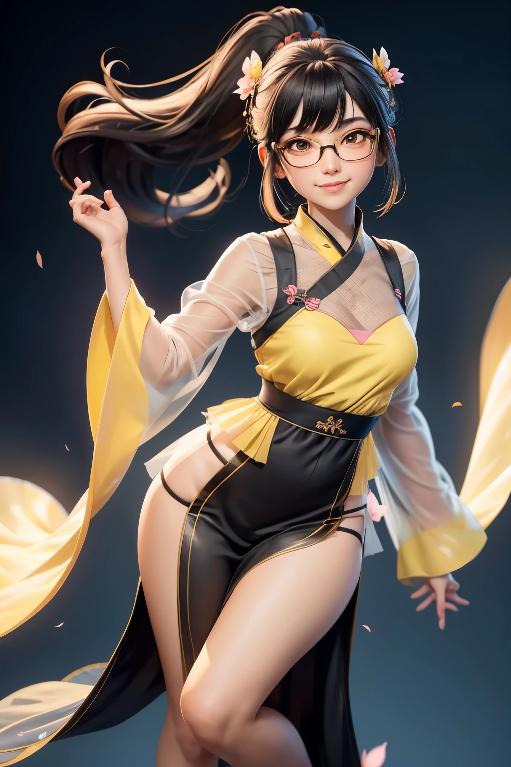 Beautiful girl, black hair in a ponytail, bangs, a hair accessory, wearing glasses, a bright smile, small breasts, a slim waist, (wearing a hanfu ((see-through)) with many layers of intricate details (light yellow)) , Dresses fluttering in the wind, seductive dances, the backdrop is an island with only peach trees in full bloom, many peach petals fluttering, morning light, anime, high quality