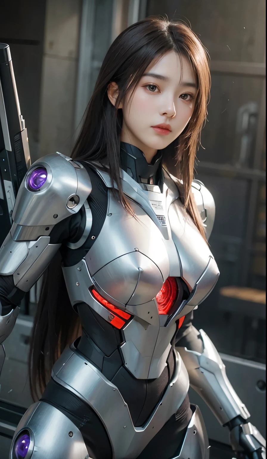 Textured skin, Super Detail, high details, High quality, Best Quality, hight resolution, 1080p, hard disk, Beautiful,(War Machine),beautiful cyborg woman,Mecha Cyborg Girl,Battle Mode,Girl with a Mecha Body,She wears a futuristic war machine weapon mech,Fulll body Shot, very very long hair brown or black silky rapunzel, purple,