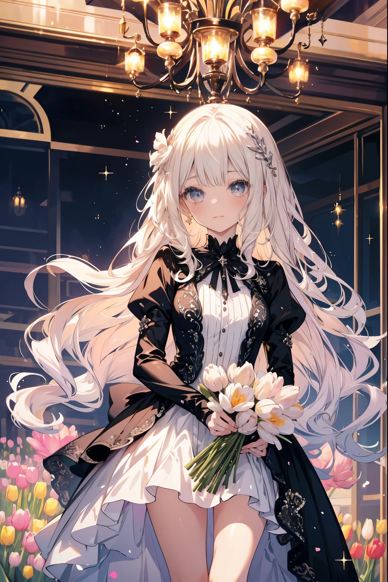 highest quality, masterpiece, long eyelashes, Sparkling輝く目, mini skirt, Sparkling, tulip bouquet, tulip field, platinum blonde hair, long straight hair, tulip dress, Tulip hair ornament, ribbon,
