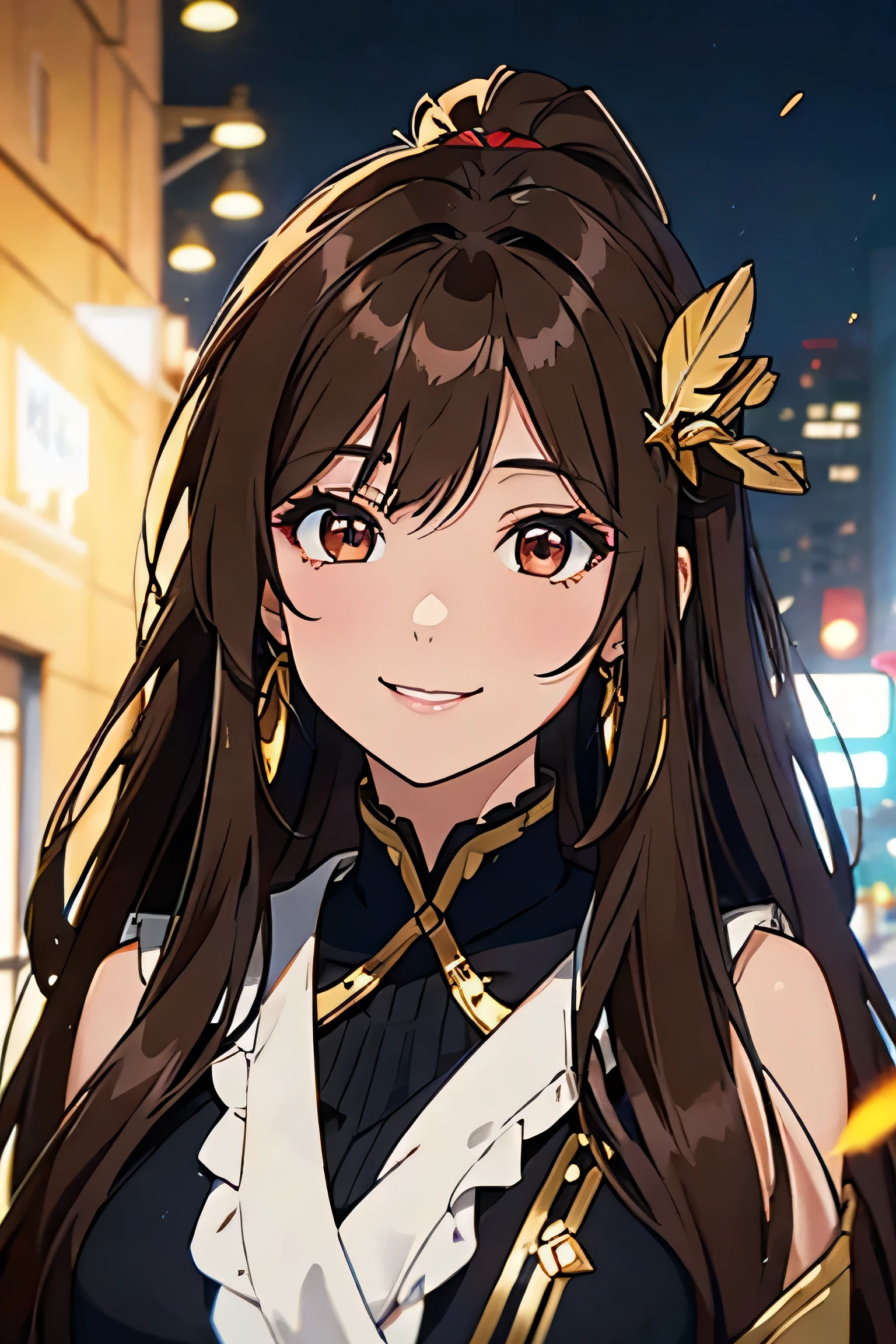brown hair, multicolored hair, hair over shoulder, long hair, high ponytail, mouth mask, feather hair ornament, large breast, half-closed eye, crystal earrings, makeup, light smile, smile, anime, anime style, Cubism, cinematic lighting, depth of field, social media composition, bokeh, wide shot, from below, UHD, masterpiece, high details, high quality