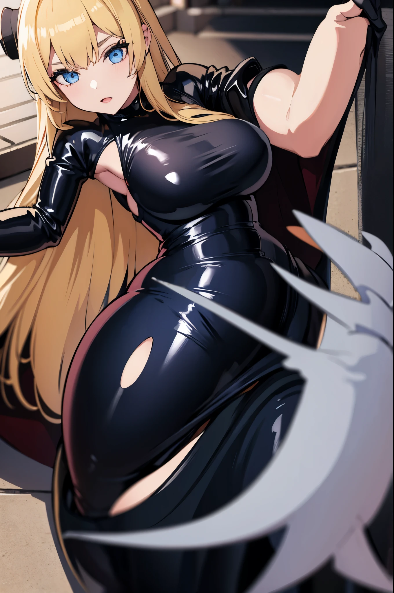 1 girl, long blonde hair, blue eyes, wearing a black latex dress, huge , huge thighs, looking at viewer