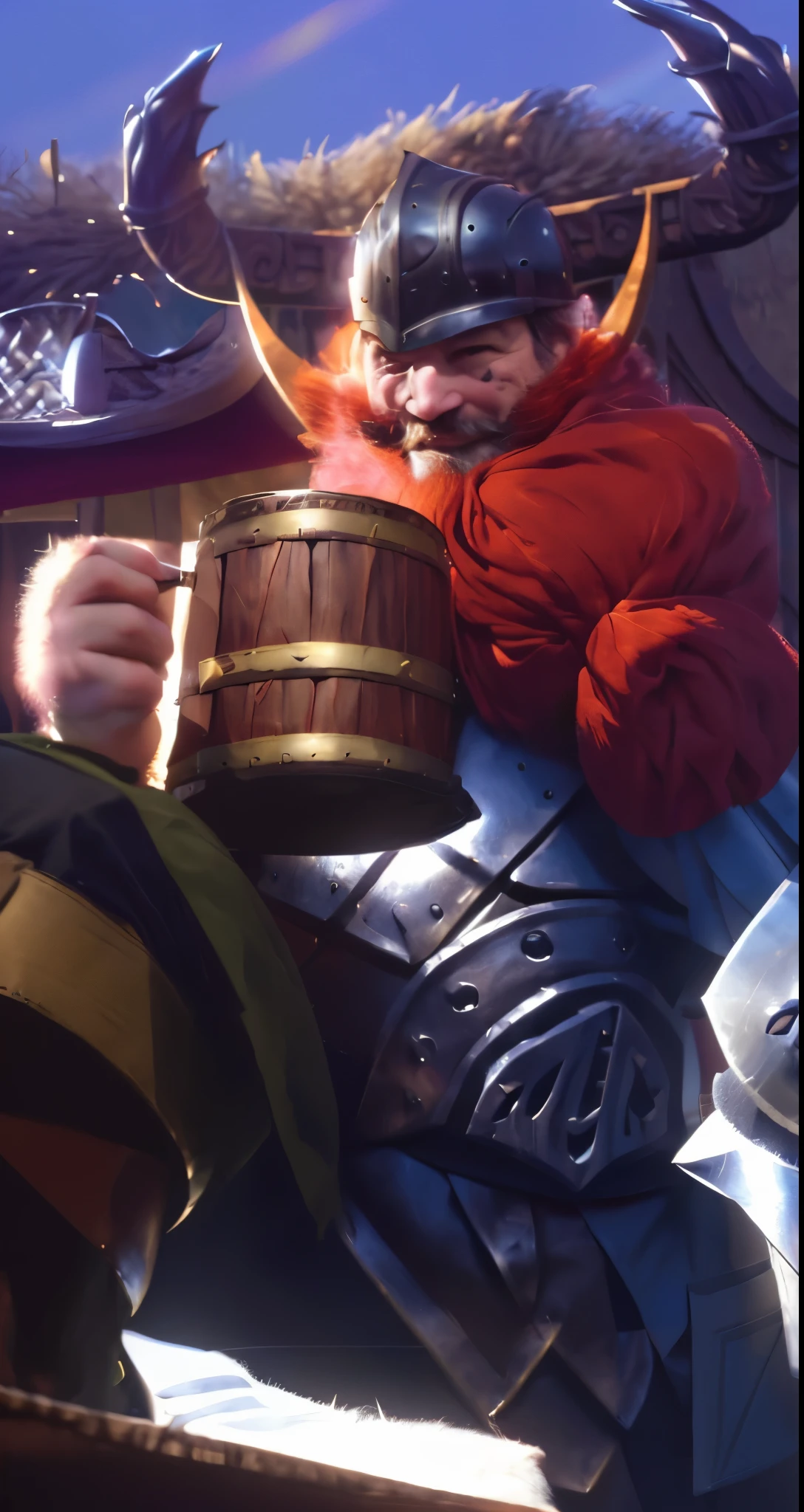 Real life adaption of this character, adult man , chubby,laughing expression, realistic same beard and moustache, realistic same outfit, wear realistic viking helmet,wear realistic armor,there is a realistic furry cloak on the back,there is realistic armor on his shoulder, his hand holding beer,realistic light, realistic shadow, realism, hyper realistic, (photorealistic 1:2)