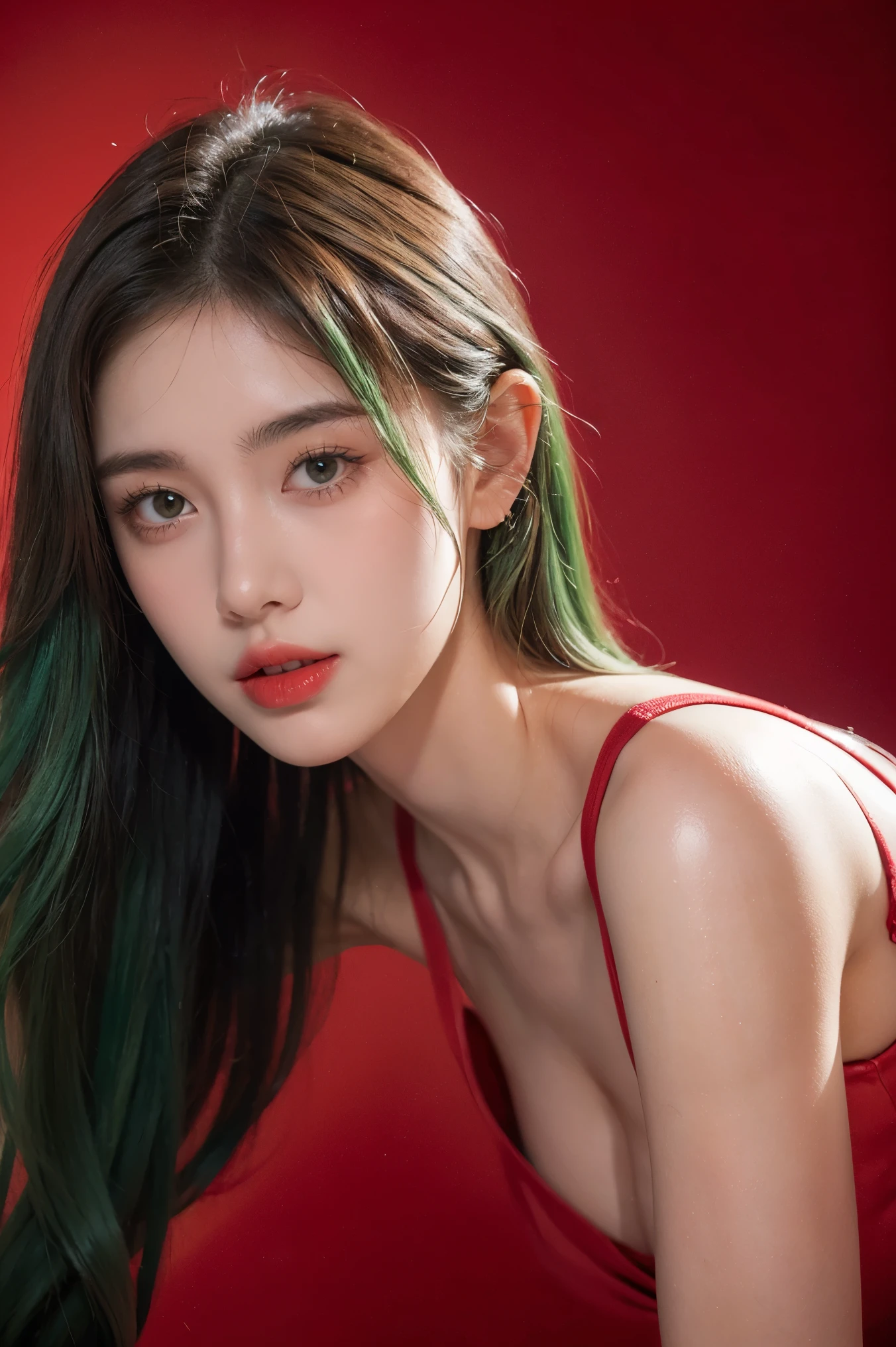 21yo girl, green hair, with body lotion, red background,