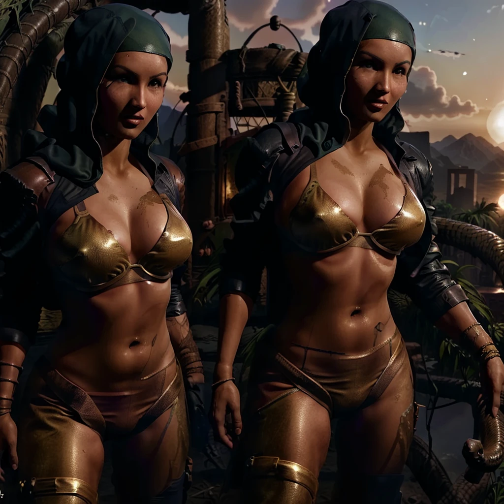 A (sexy, busty Malaysian Lara Croft wearing a hijab, and sexy explorer outfit), investigates an ancient Gold City at sunset, show all of her head to toe, action and adventure, giant snakes