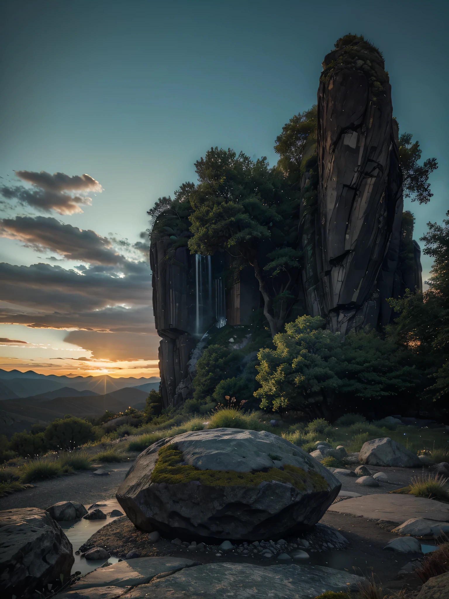 a rocky setting with a cold climate. folhagem verde. uma grande pedra no centro. montanhas ao fundo. Sky at dusk. dark fantasy setting