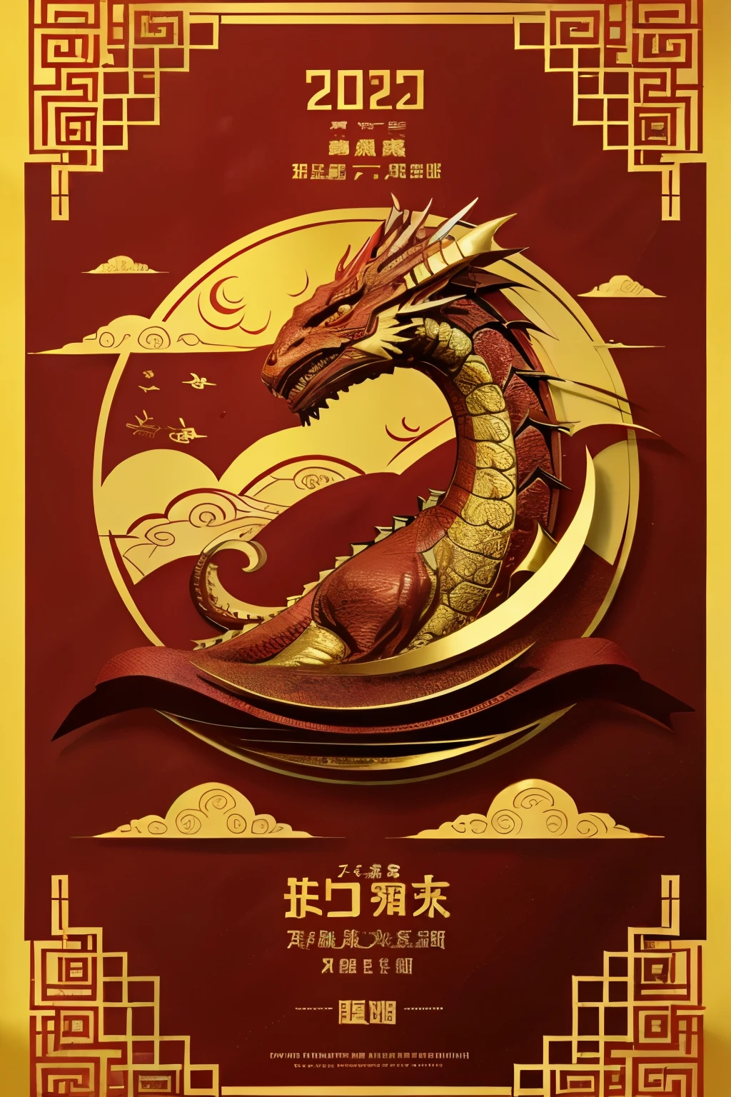 Poster design, main color is red and gold,need dragon features, need topic is 2024 Happy Chinese New Year.