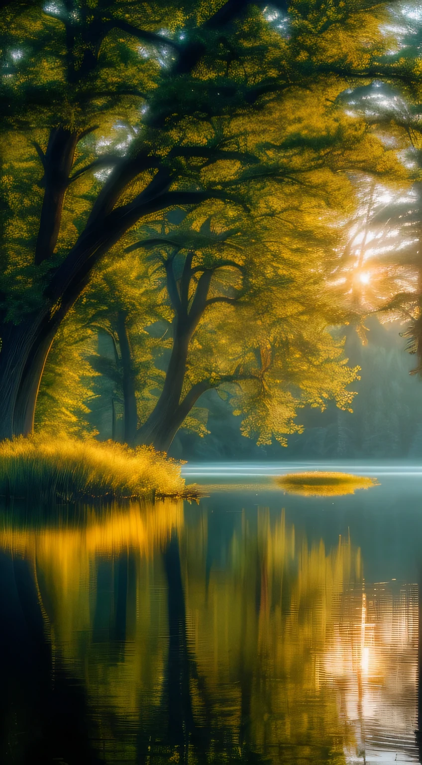 wallpaper, summer, lake, dawn, forest, detailed forest, cloud, masterpiece, cinematic, soft light, depth of field, ray tracing, Reflection in water, realism, Ulla Details,