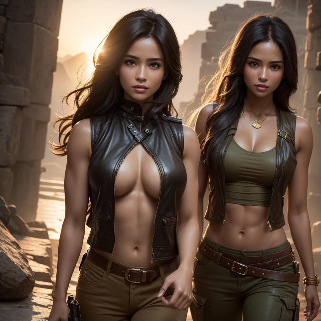 A (sexy, busty Malaysian Lara Croft wearing a hijab, and sexy explorer outfit), investigates an ancient Gold City at sunset, show all of her head to toe, action and adventure, giant snakes