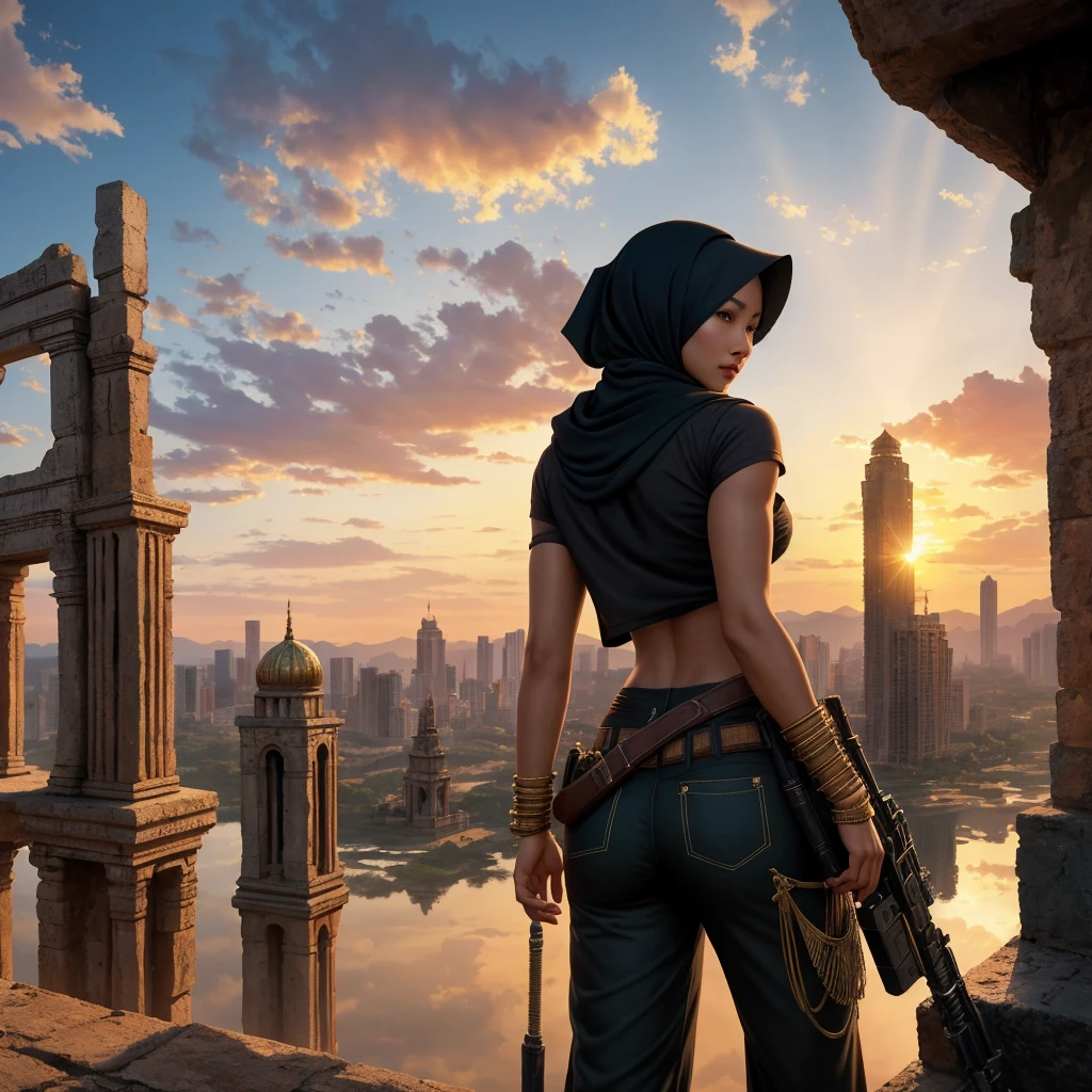 A (sexy, busty Malaysian Lara Croft wearing a hijab, and sexy explorer outfit), investigates an ancient Gold City at sunset, show all of her head to toe, action and adventure, giant snakes