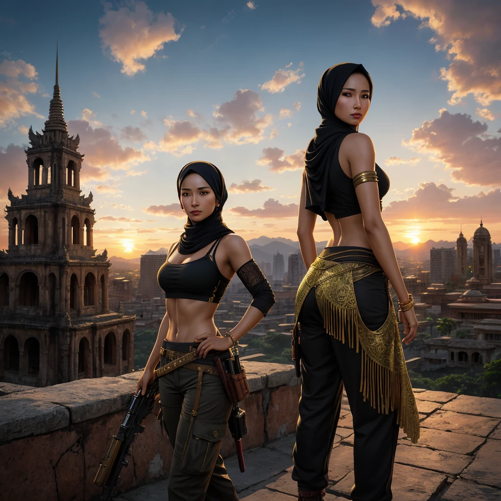 A (sexy, busty Malaysian Lara Croft wearing a hijab, and sexy explorer outfit), investigates an ancient Gold City at sunset, show all of her head to toe, action and adventure, giant snakes