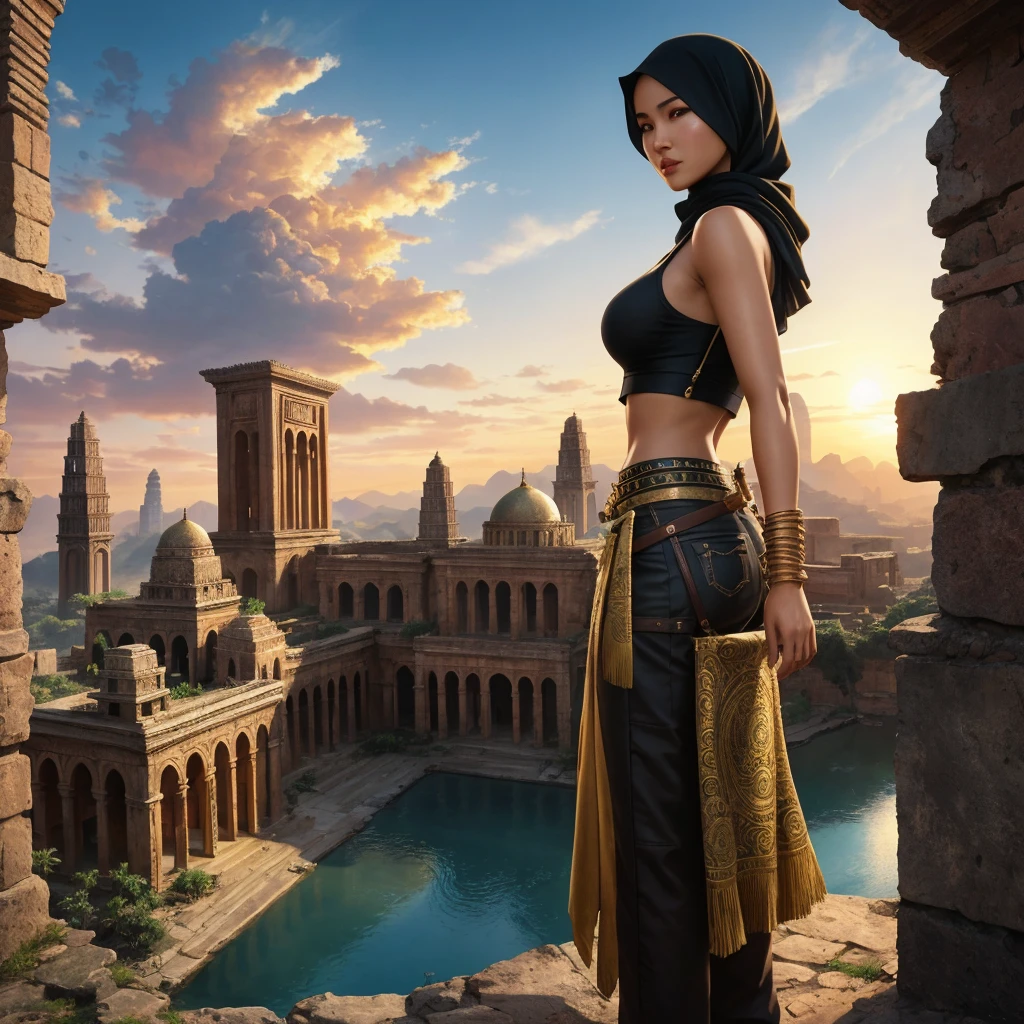 A (sexy, busty Malaysian Lara Croft wearing a hijab, and sexy explorer outfit), investigates an ancient Gold City at sunset, show all of her head to toe, action and adventure, giant snakes