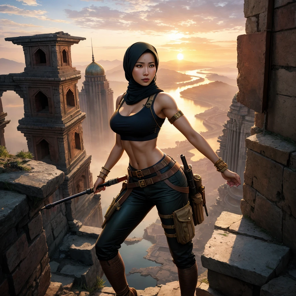 A (sexy, busty Malaysian Lara Croft wearing a hijab, and sexy explorer outfit), investigates an ancient Gold City at sunset, show all of her head to toe, action and adventure, giant snakes