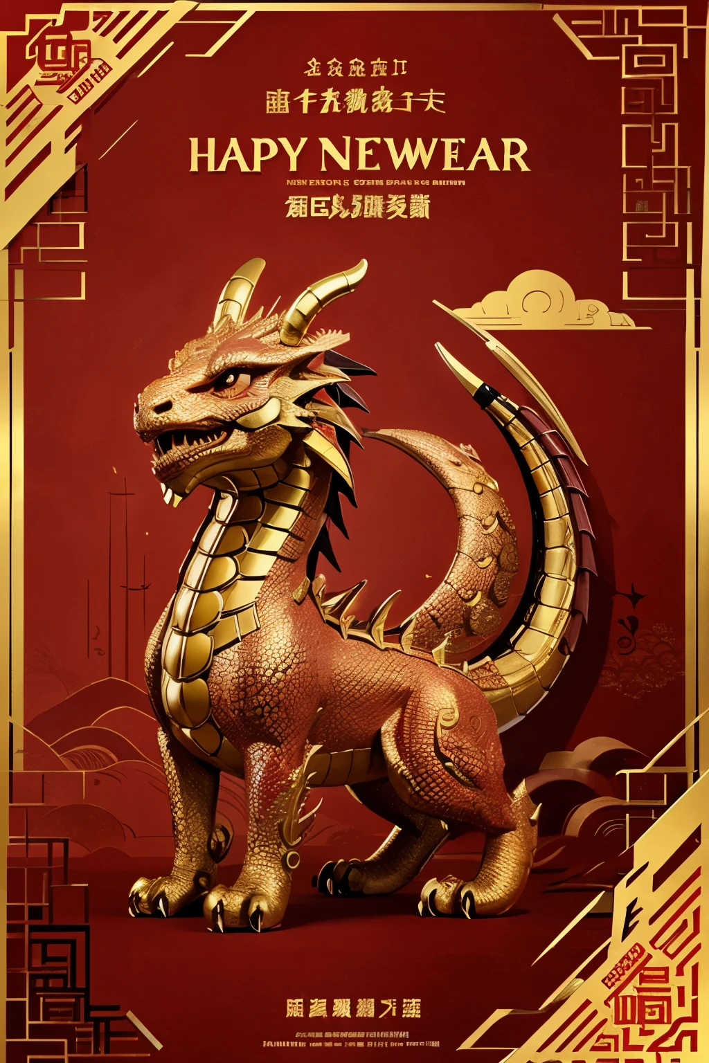 Poster design, main color is red and gold,need dragon features, need topic is 2024 Happy Chinese New Year.