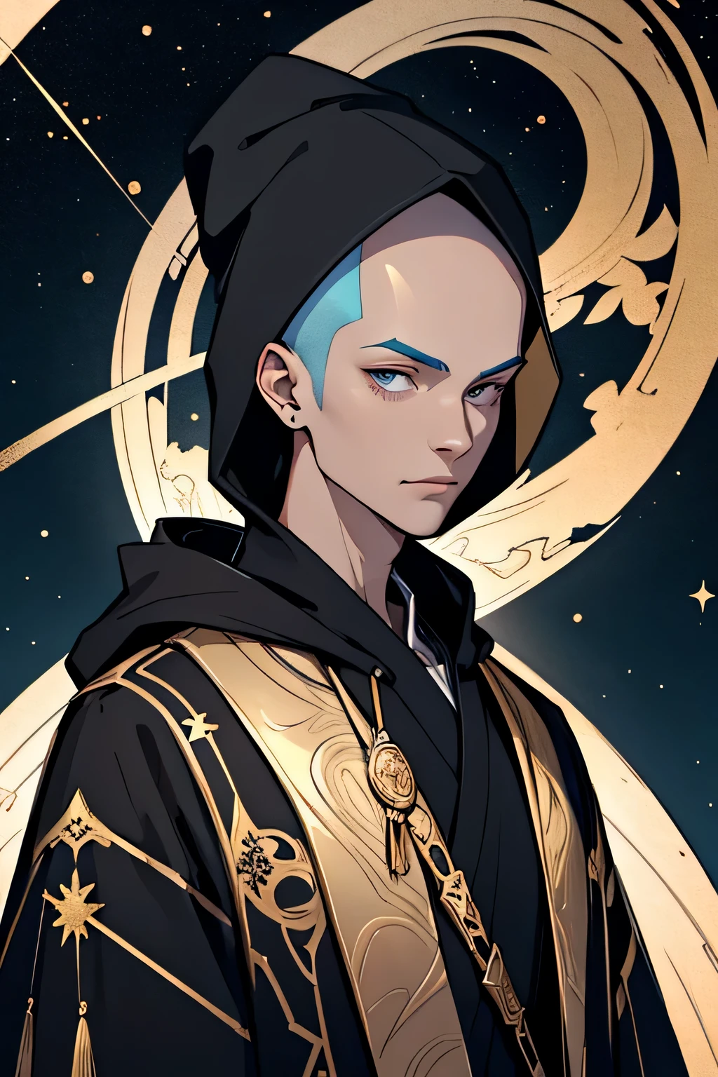 masterpiece, bold colors. one androgynous person with no hair and pitch black skin carved with metallic gold constellations. they wear a flowing robe and hood that fully covers them.