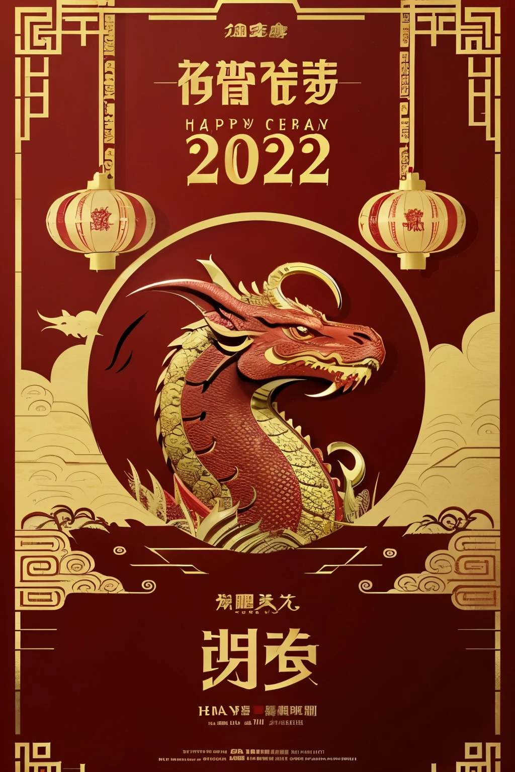 Poster design, main color is red and gold,need dragon features, need topic is 2024 Happy Chinese New Year.
