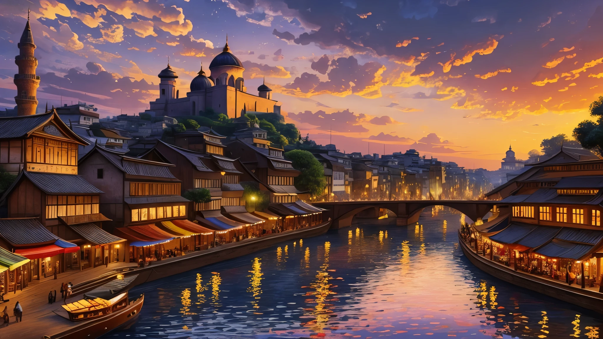 masterpiece, best quality, official art, extremely detailed CG unity 8k wallpaper, highly detailed, absurdres, 8k resolution, Depth of field, Panorama, dusk, sunset, ((dyeing)),((oil painting)),((impasto)), ((ASCII art)), ((Monet style)), Tyndall effect, available light, beautiful detailed glow, floating ashes, beautiful and detailed explosion, red moon, fire, fire cloud, wings on fire, a cloudy sky, smoke of gunpowder, burning, black dress, dove of peace, (floating cloud:1.2),a beautiful ancient city, ancient stone walls, narrow winding streets, bustling marketplaces, ancient architecture, intricate carvings, vibrant colors, golden sunlight, cobblestone roads, ancient statues, hidden courtyards, lush gardens, traditional crafts, vibrant culture, bustling with life, rich history, bustling markets, ancient temples and pagodas, local street food, traditional festivals, locals in traditional attire, traditional music and dance, ornate gateways, peaceful river flowing through the city, ancient bridges, majestic city gates, panoramic views of the city, spiritual atmosphere, bustling waterfront, old town squares, traditional tea houses, sacred shrines, centuries-old traditions and customs. (best quality, highres), (realistic, photo-realistic), vibrant colors, charming atmosphere, warm golden tones, soft natural light
