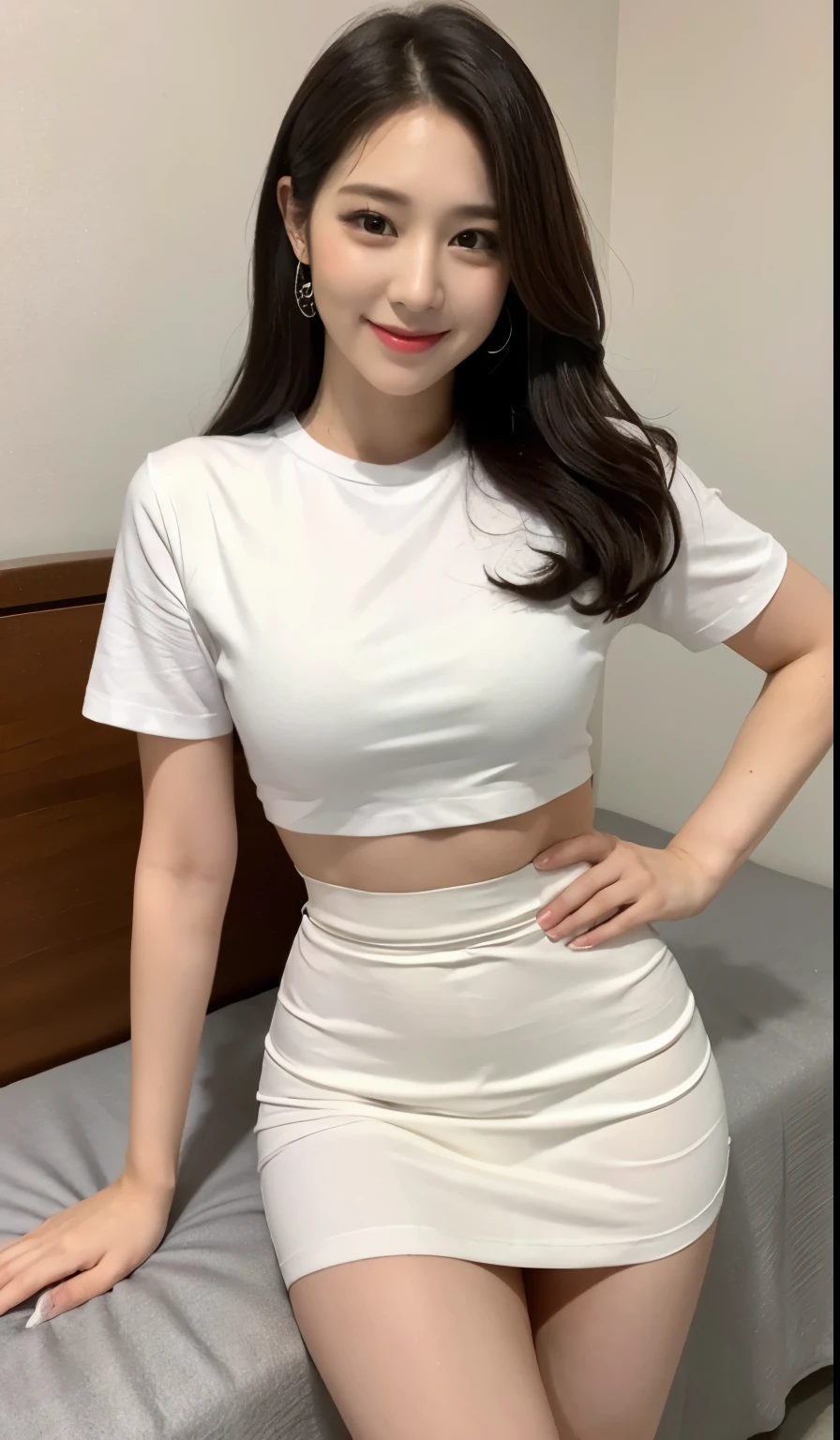 White tight shirt、White tight mini skirt、bed、smile、short sleeve、high resolution、Hallyu Idol Face