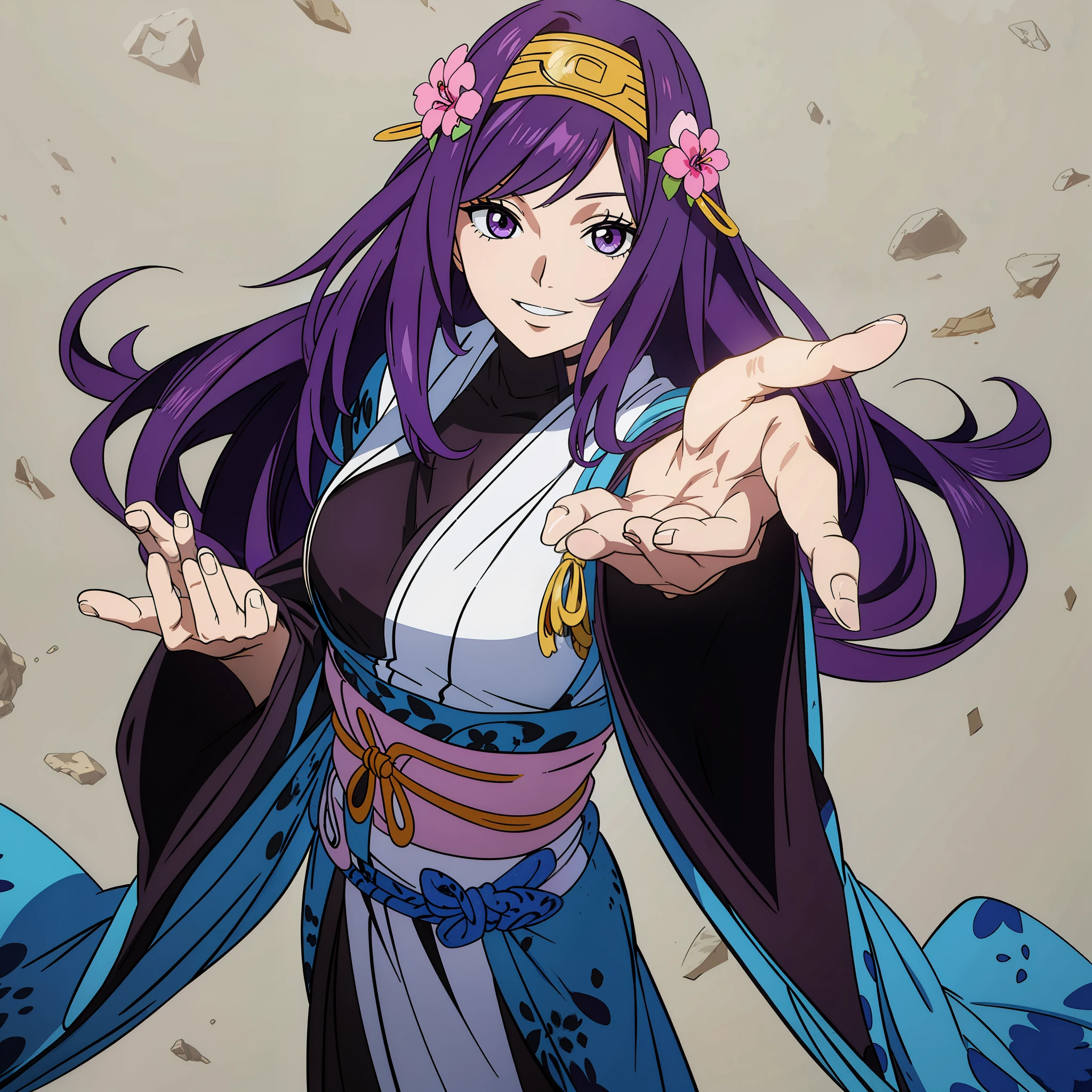 Hold out five fingers,Reached,beautiful women, 对着镜头Hold out five fingers。Reached,Girl with long purple hair, The beautiful female ninja with long blue hair in Naruto, Smile, Wearing a simple and beautiful blue dress, Beautifully hand-painted、