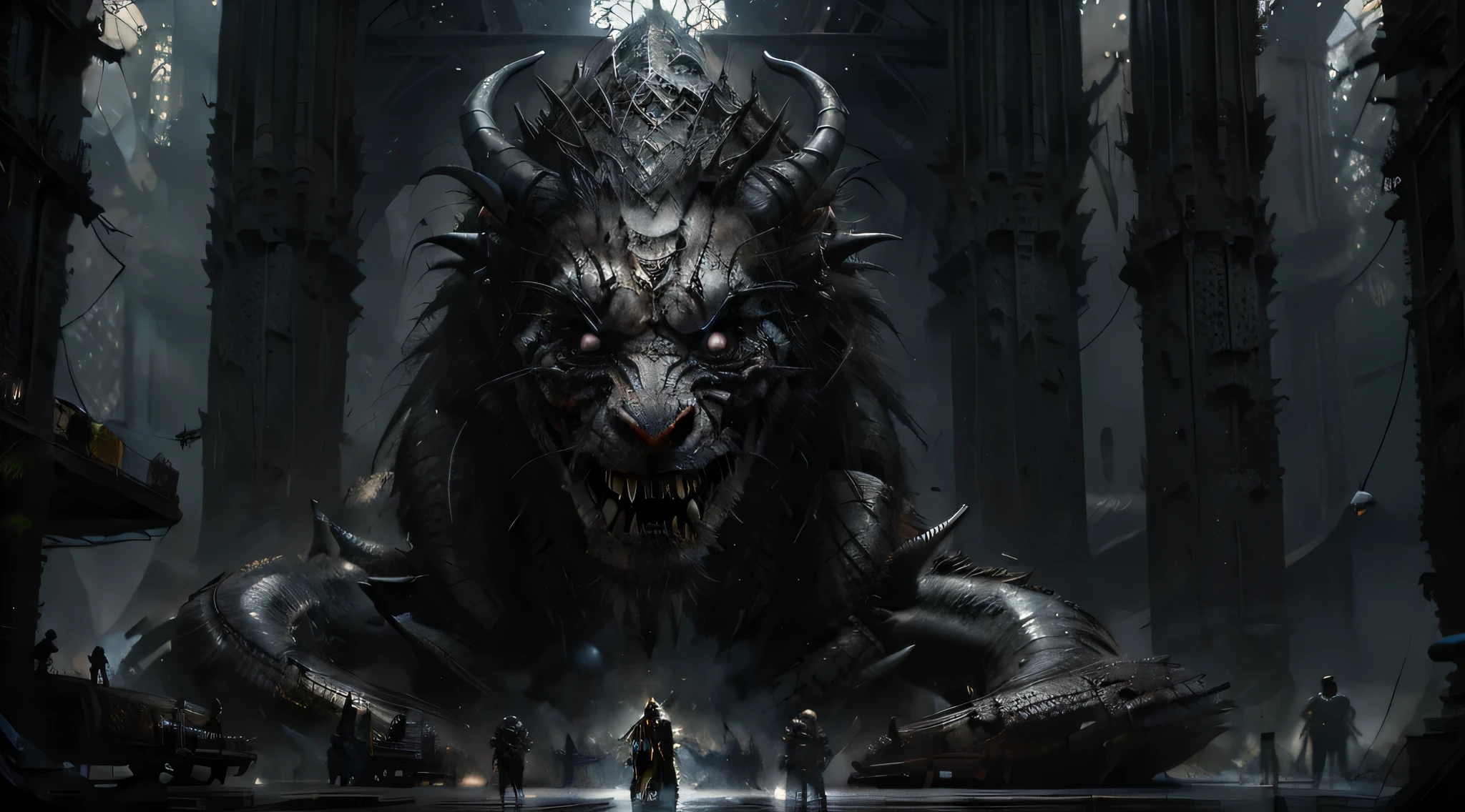 Una pintura de una criatura (murcielago) antropomorfico gigante, alas con navajas volando contra humanos, Science - Horror Fiction Art, sci-fi horror artwork, inspirada en Aleksi Briclot, murcielago, de matanza, horror fantasy art, por Aleksi Briclot, arte conceptual de terror, venin, Art fantastique et horreur, Detailed 4K horror illustration, criatura bestia, Arte de terror oscuro