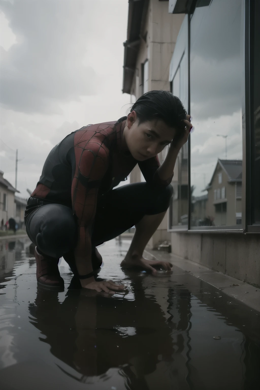 Cinematic photo of an Indonesian adult man staring into a puddle of water, the reflection of the SPIDERMAN image replaces the original reflection, with a gray and BLUE village road background, the main subject is highlighted, the illusion of reflection technique is used, gray scale with color accents on subject, digital painting, high dynamic range, point focus method, dramatic contrast.
