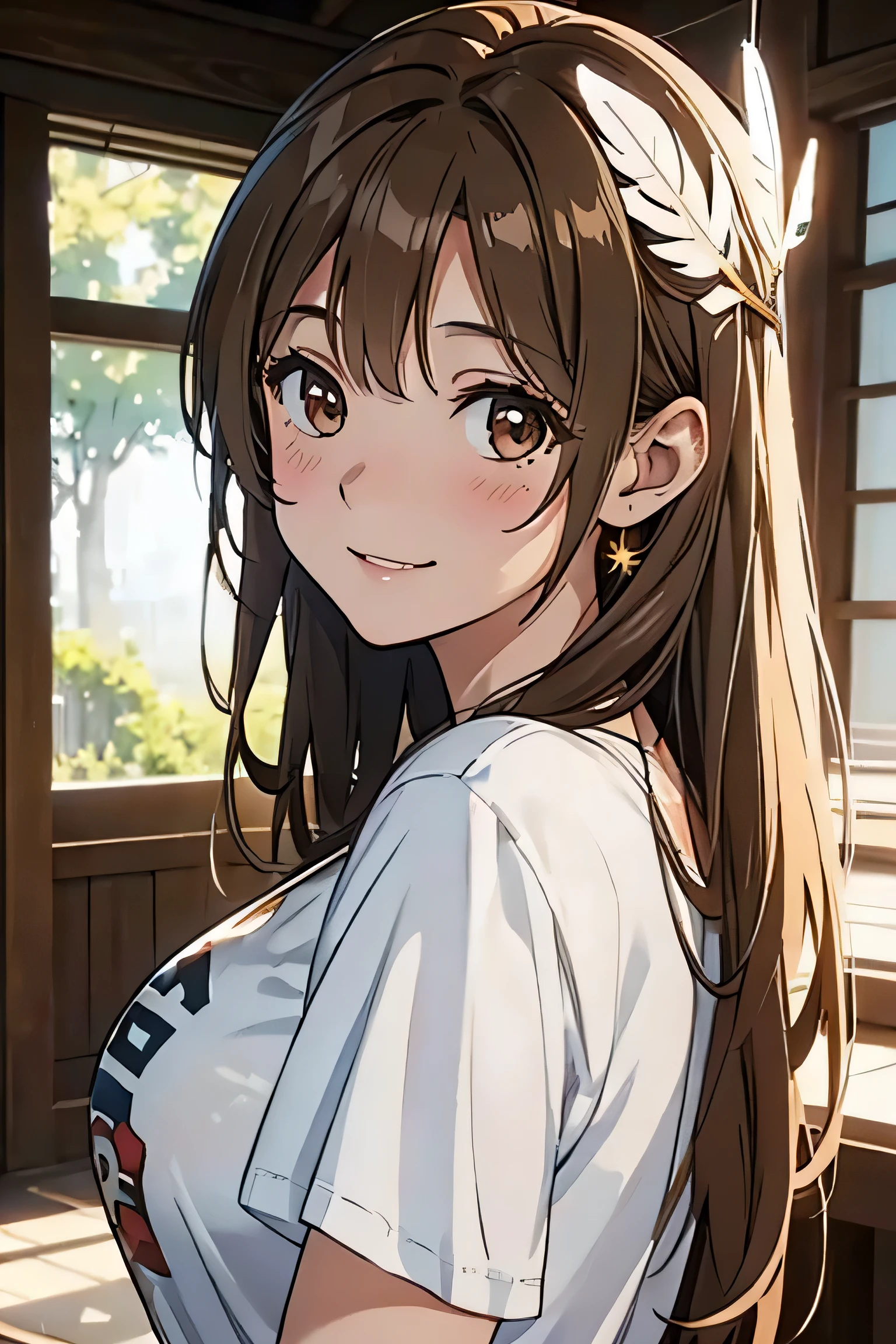 light brown hair beautiful young girl looking back over her shoulder with a light smile, slightly blushed, large breast, white oversized printed t-shirt, natural lighting, daytime, feather ornament, anime style, portrait shot, 4k, masterpiece, high details, ultra details, high quality