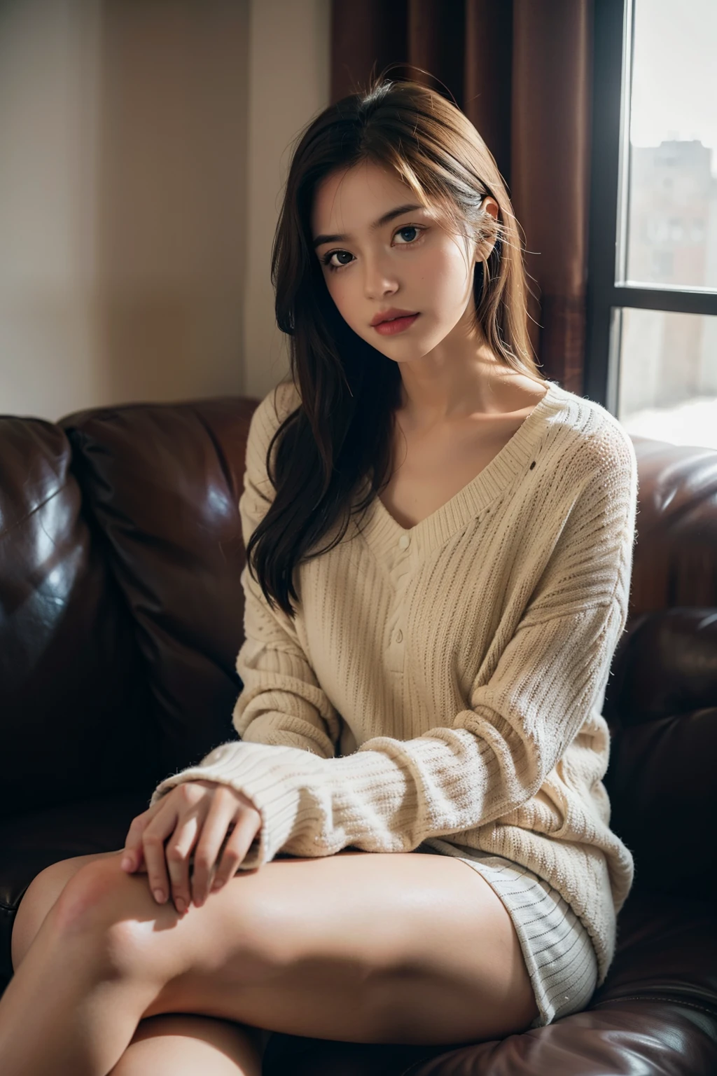 A woman sitting on a couch wearing a sweater and shorts - SeaArt AI