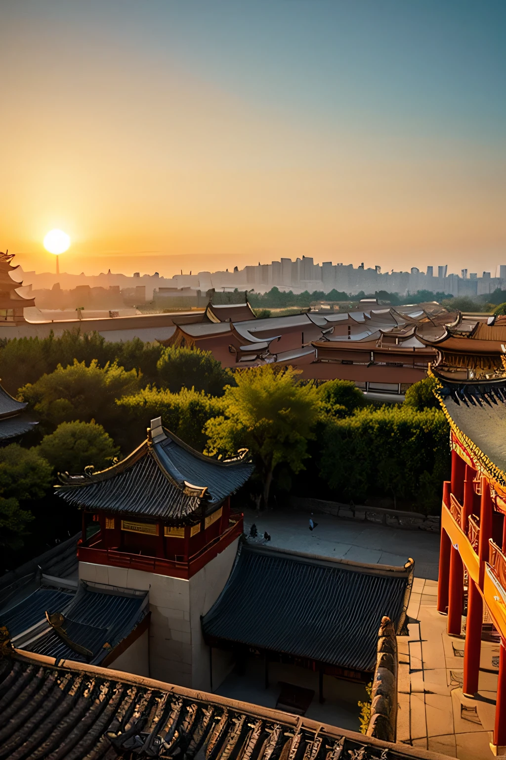 Sunset in the background, golden hour in Beijing, ancient Chinese architecture, Chinese architecture, chinese palace, china tower, Tang Dynasty Palace, asian sun, Chinese architecture, Cyberpunk Chinese Ancient Castle, The glittering temple in the distance, Silk Road-like scenery, shadow. asian landscape, Chinese temple, Chinese scenery, Beijing
