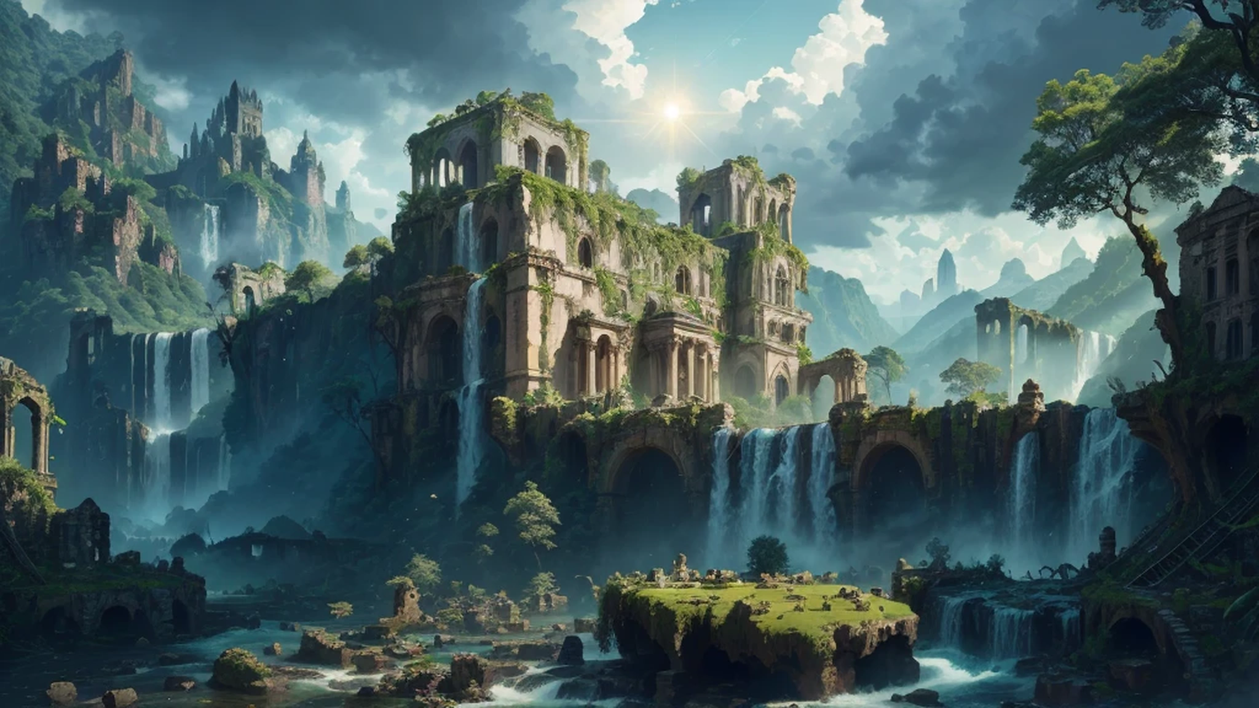tem uma cachoeira no meio de uma montanha com um castelo ao fundo, estilo andreas rocha, ruins landscape, ancient ruins and waterfalls, Ancient magical ruins covered in vegetation, Arte digital altamente detalhada em 4k, Arte de fantasia 4k, inspirado em Andreas Rocha, ancient overgrown ruins, impressionante paisagem de fantasia, ornate city ruins, arte de fantasia de motor irreal