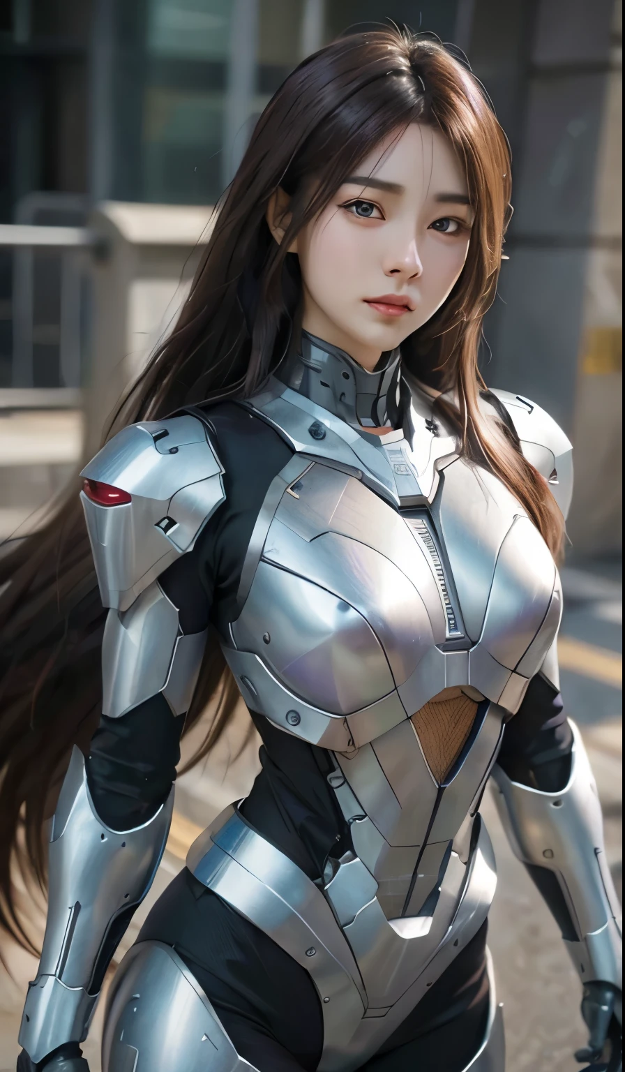 Textured skin, Super Detail, high details, High quality, Best Quality, hight resolution, 1080p, hard disk, Beautiful,(War Machine),beautiful cyborg woman,Mecha Cyborg Girl,Battle Mode,Girl with a Mecha Body,She wears a futuristic war machine weapon mech,Fulll body Shot, very very very long hair brown or black silky rapunzel, purple, 