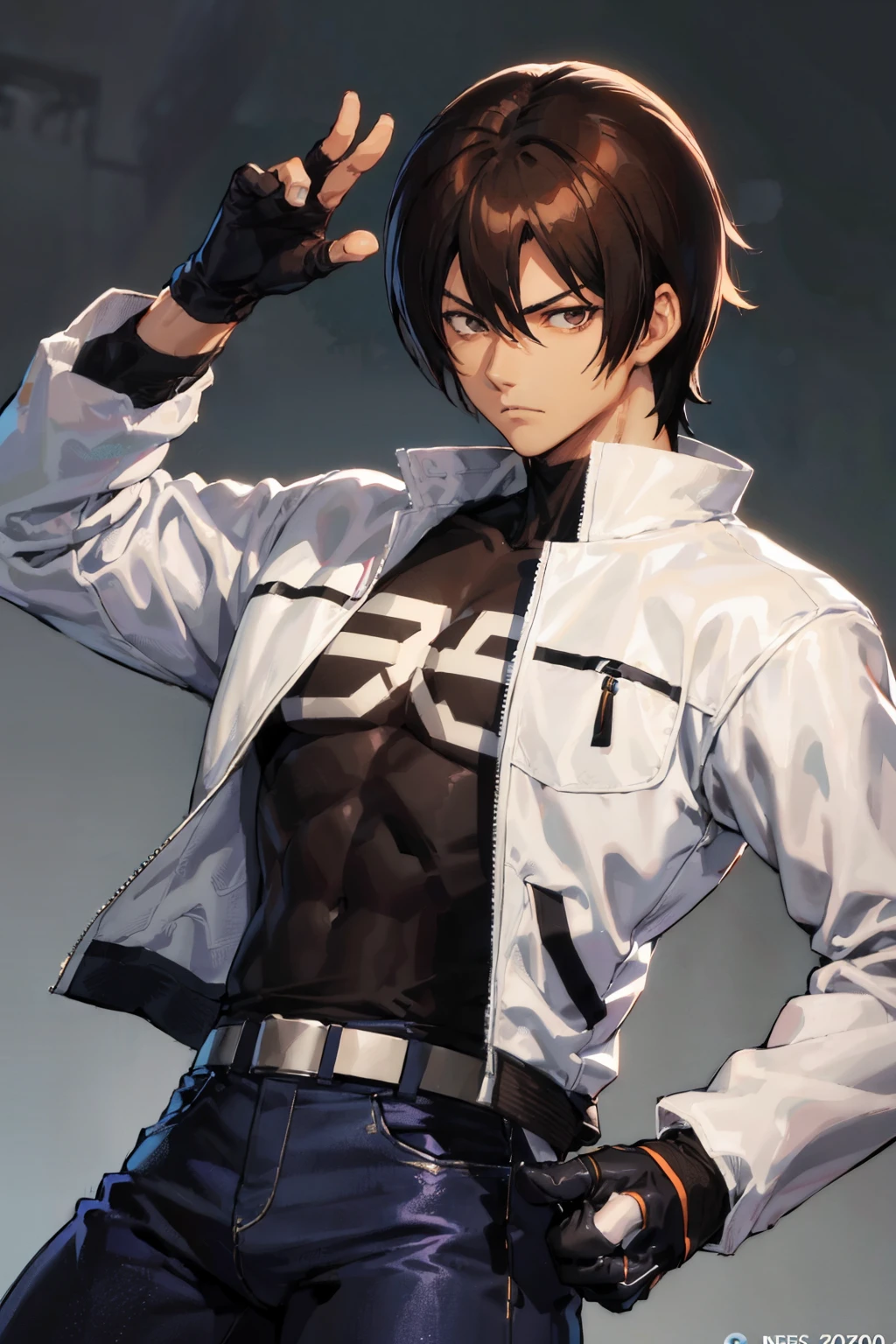 Kusanagi Kyo, NestKyo, KoF 2002, The King of fighters 2002, Kusanagi Kyo 2002, white jacket, Black t-shirt, Cross t-shirt, jeans, fingerless gloves, brown hair