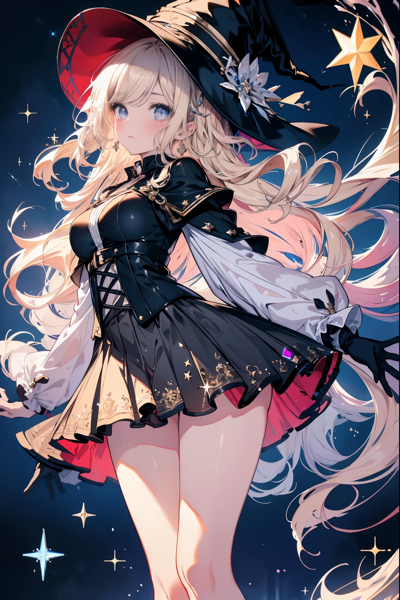 highest quality, masterpiece, long eyelashes, Sparkling輝く目, mini skirt, Sparkling, witch, platinum blonde, wizard, fantasy,