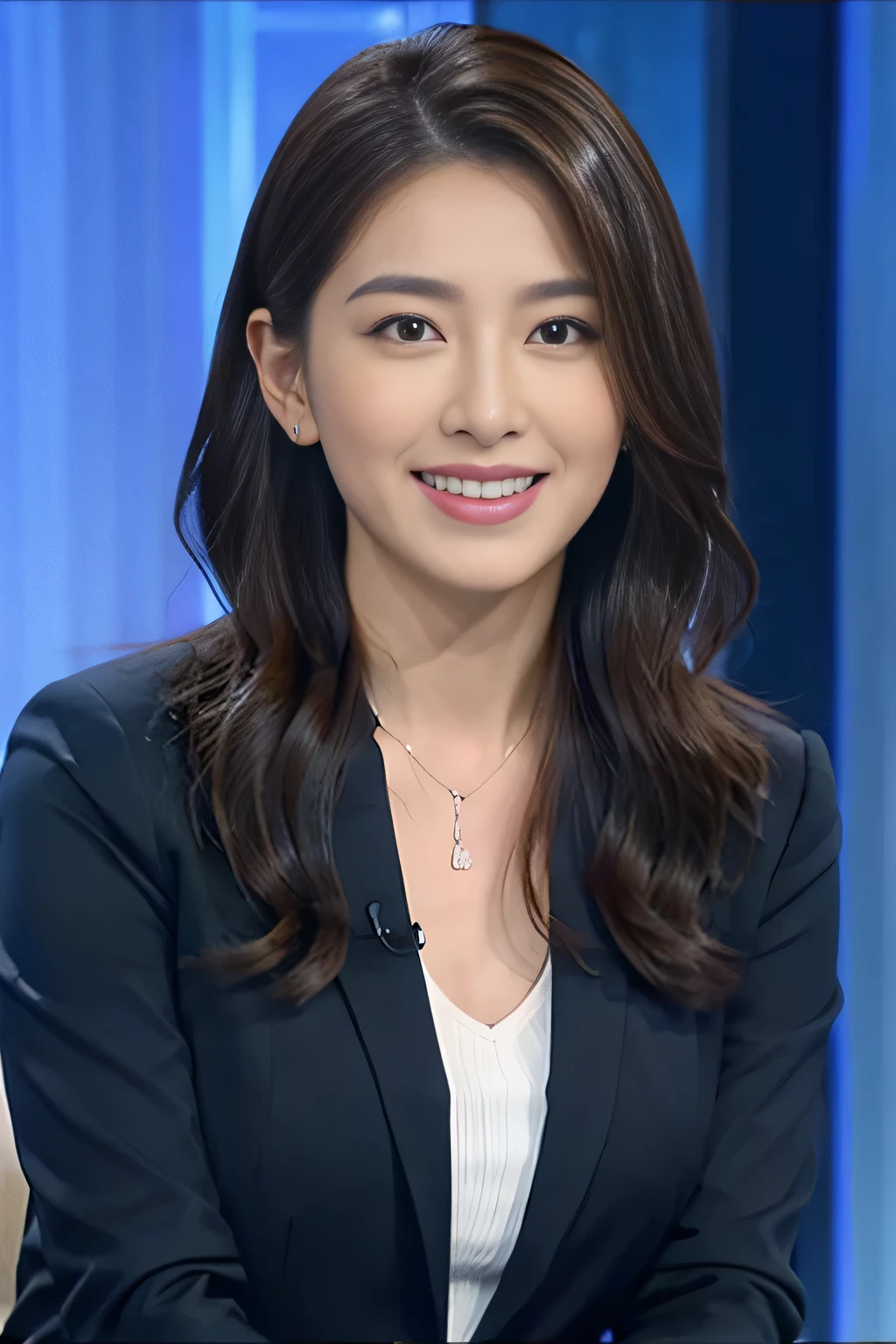 best image quality、ultra high resolution、1 girl、beautiful face、long hair、Announcer in a tight suit with long sleeves、Sitting in the studio、big and full breasts