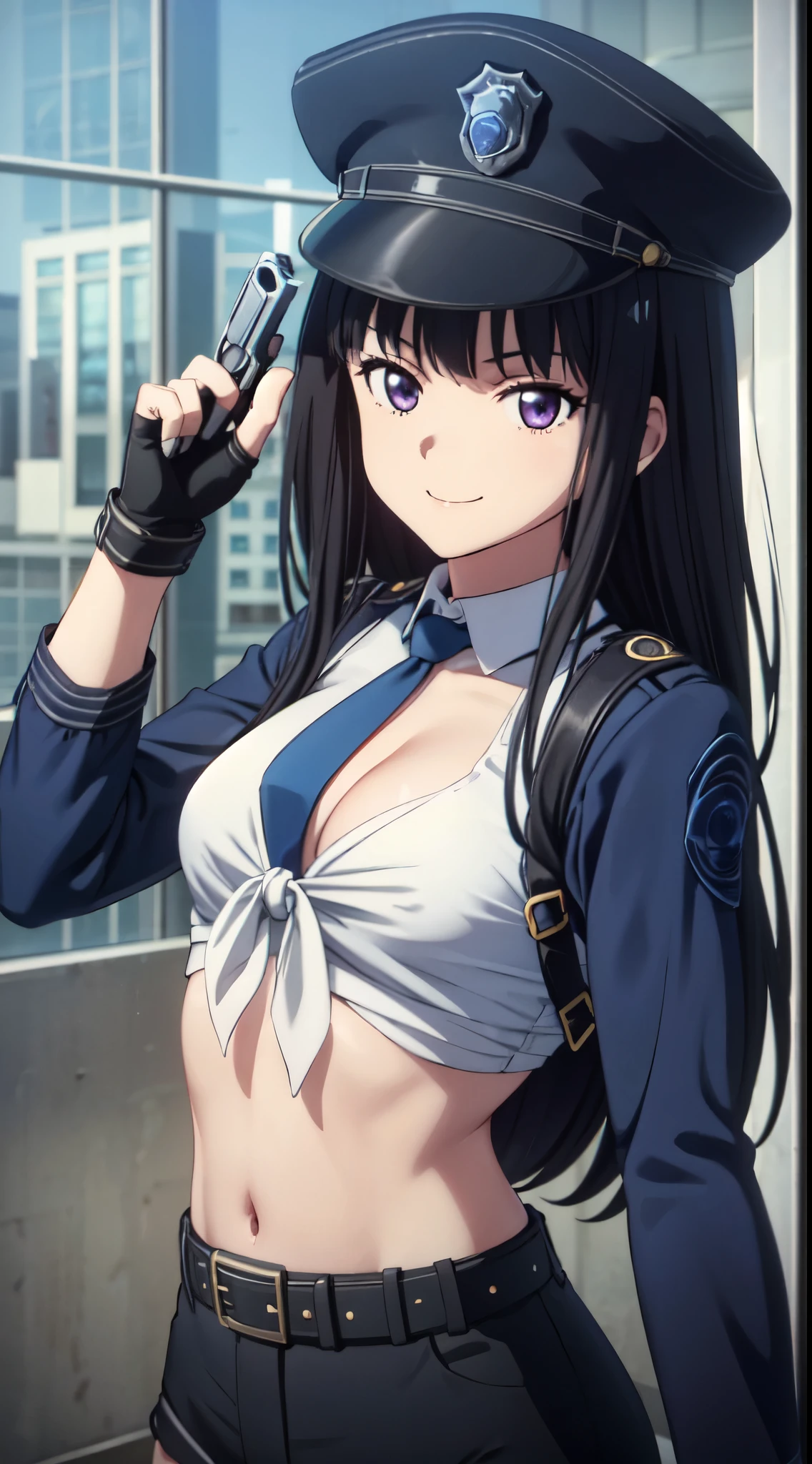 (((pixel perfect, detail perfect))), alone, 1 girl, Chisato Nishikigi, looking at the viewer, smile, Upper body、black police peaked cap, Police, cleavage, Midriffs, white shirt, front-tie top, purple eyes, long hair, Black High-waist shorts, (blue belt:1.2), black fingerless gloves, black boots,emerald tie,medium beasts,gun pose