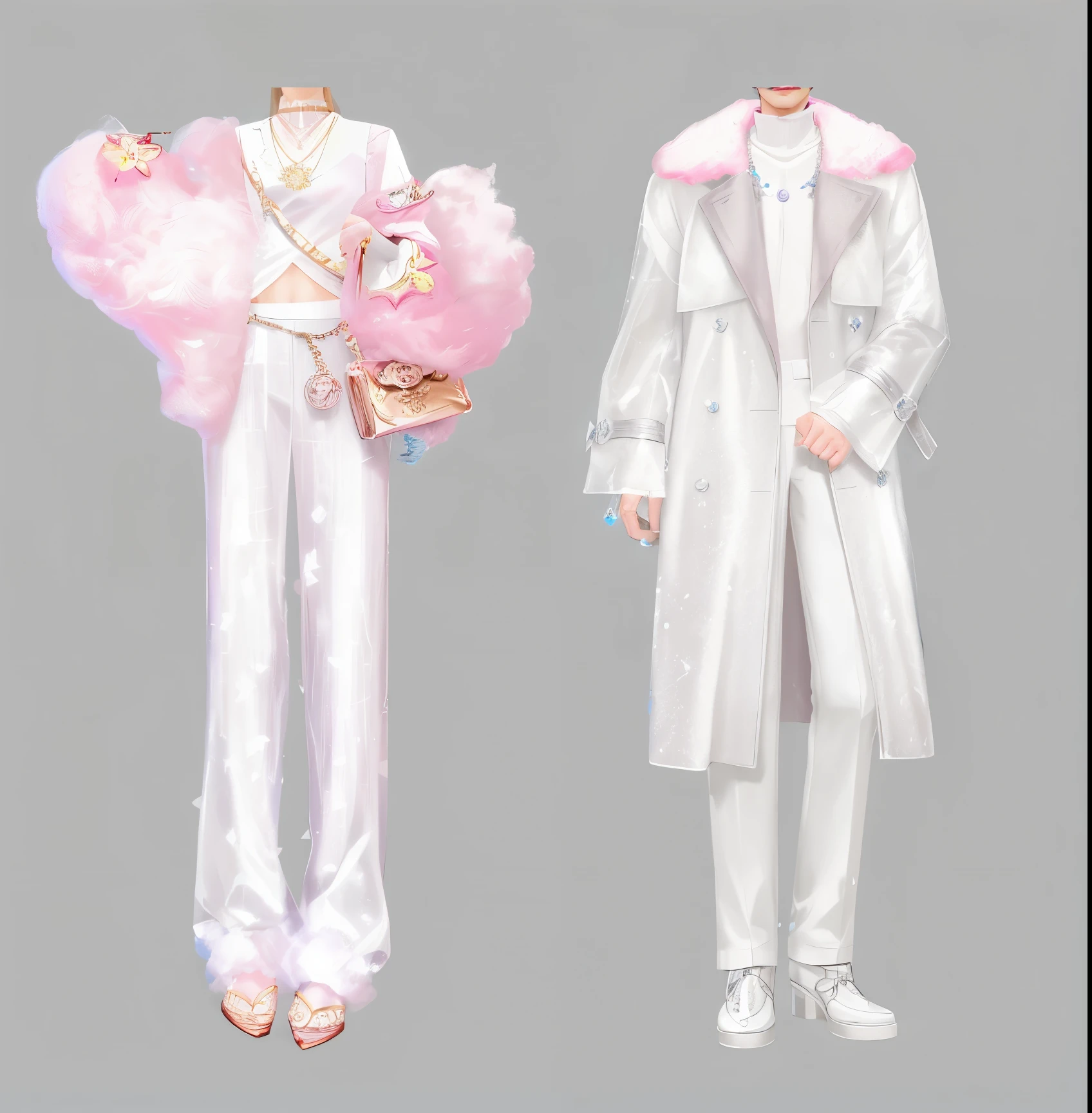 Two people wearing pink fur coats at the fashion show, clear Fashion Design, Moon themed clothing, fashion concept art, Fashion Design, clothing concept, Fashion Designs, Ryan Flash Concept Artist, Detailed clothes, White and light pink clothes, Cotton Cloud Mage Robe, Diverse clothing, fantasy costumes, Very detailed and rich costumes, full body details