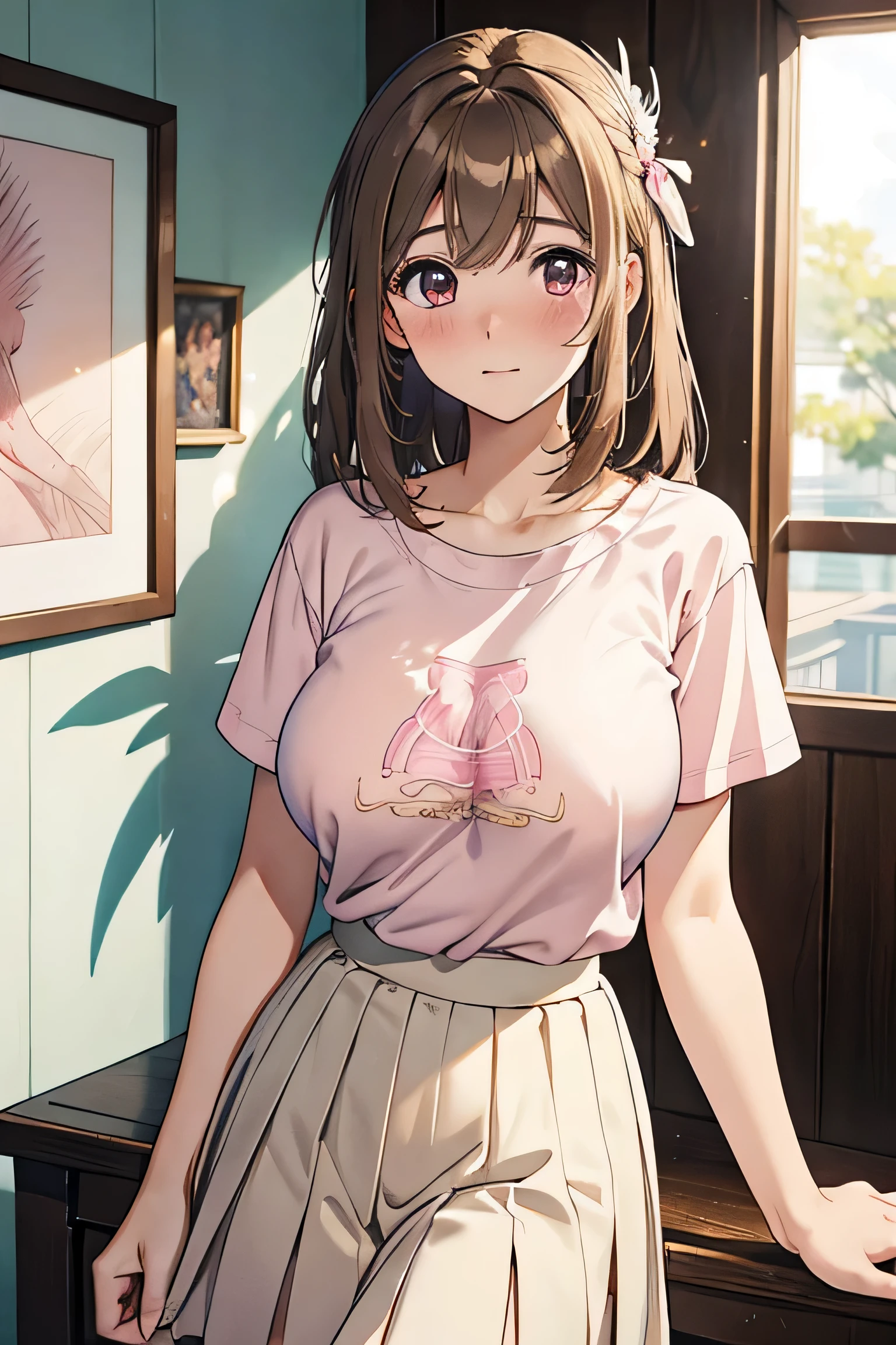 ((masutepiece, Best Quality, hight resolution, nffsw, Perfect Pixel, depth of fields, 4K, )), 1girl in, Solo, , Beautiful anime girl, Beautiful Art Style,
standing:1.3, bathroom background, Looking at wevier.
Perfect body, smug, half-closed eyes, lift tshirt:1.3, underboob:1.4, show nipples:1.4,
Yuigahama Yui, Hair bun, short hair, large breasts, claverage:1.2,
Full face blush, short pants,
straight-on:1.3, medium shot