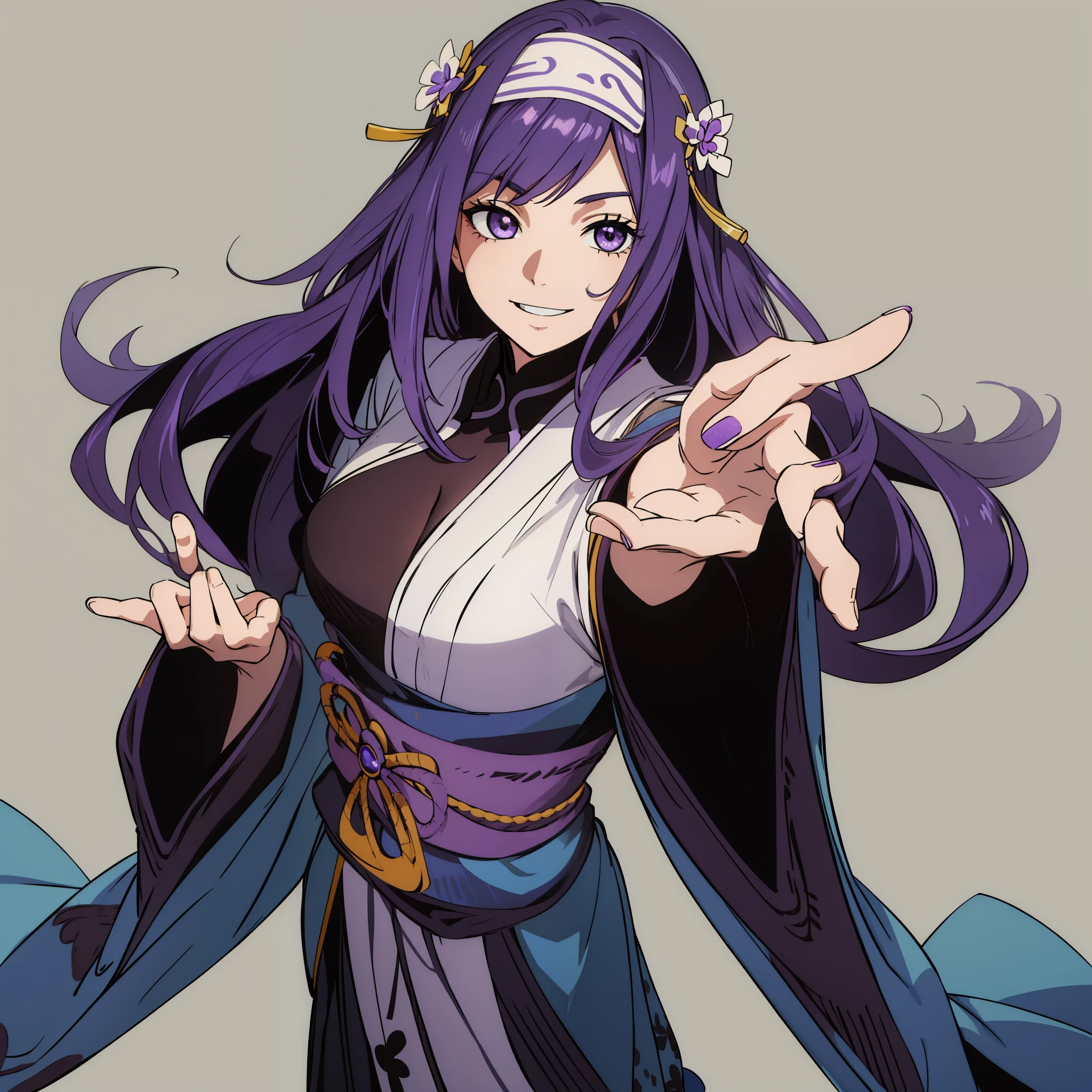 alone, beautiful women, Laugh at the camera,Grinning,Hold out five fingers。Reached,Girl with long purple hair, The beautiful female ninja with long blue hair in Naruto, Smile, Wearing a simple and beautiful blue dress, Beautifully hand-painted、