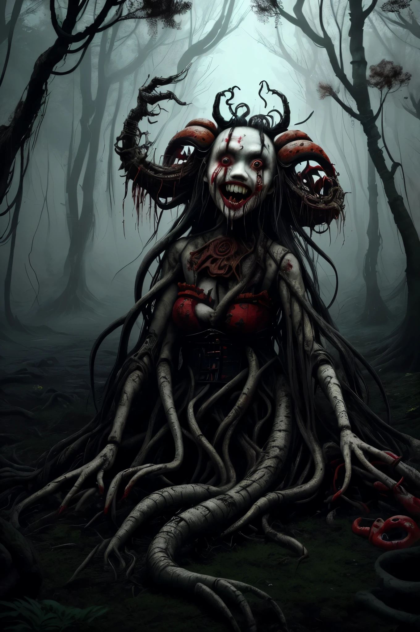 in the nightmare dream, nightmare world A dense, glowing white forest, a stream of black water, A female samurai in a kimono, her body decayed from various wounds, her eyes red, and her smile stretching from ear to ear, old and torn, covered in black and red blood, no skull, mouth wide open. a monster with insect-like legs hiding in the head of a 's porcelain clown doll, which has cracks hidden in the bushes. The ground is like melting plastic, Horror, Nightmare, UnrealEngine5, Realistic