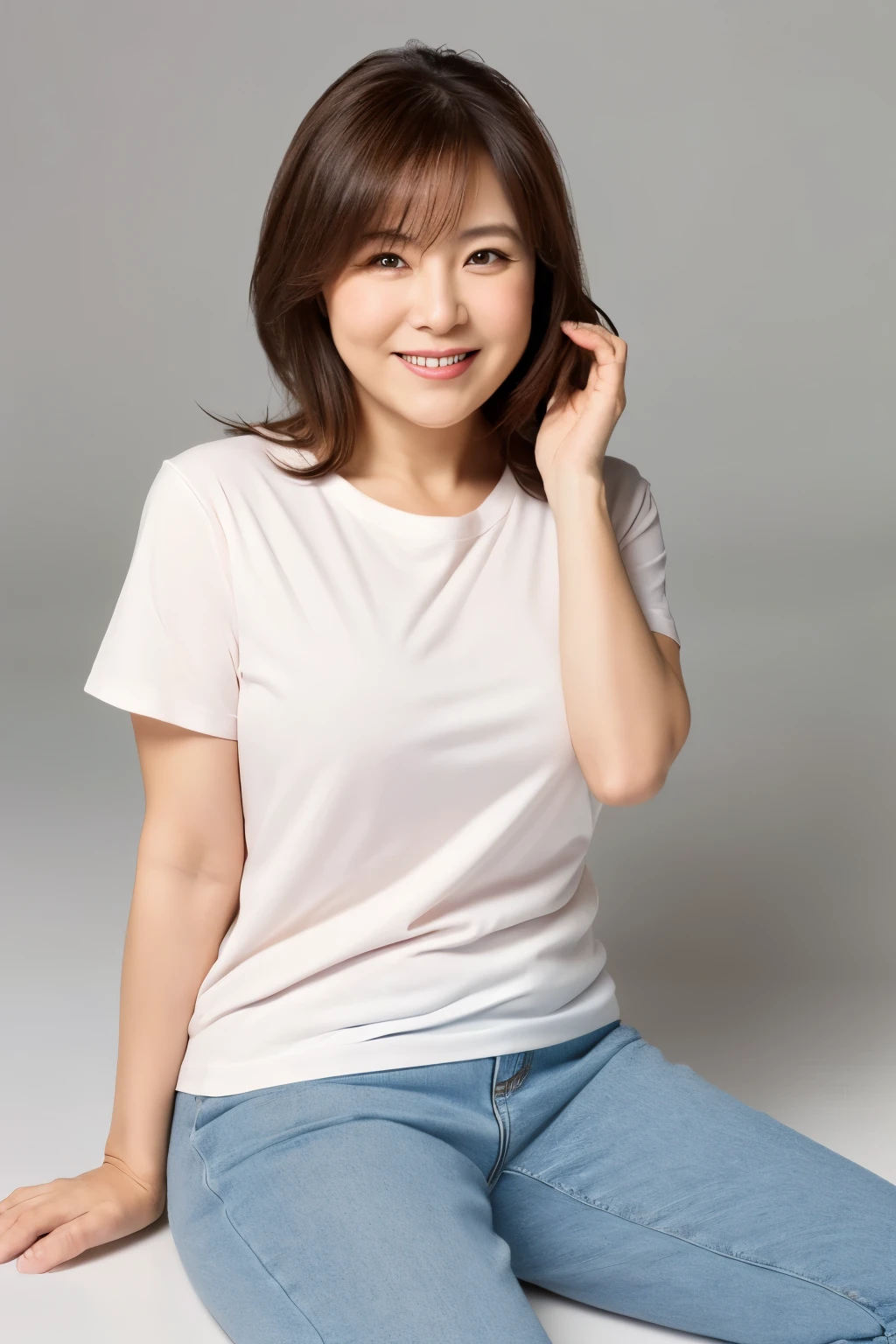 whole body,mature attractive woman,50 years old,Aunt,Japanese,Plain T-shirt,Chubby,obesity,fat,the face is round,A sloppy smile,masterpiece,highest quality,simple background