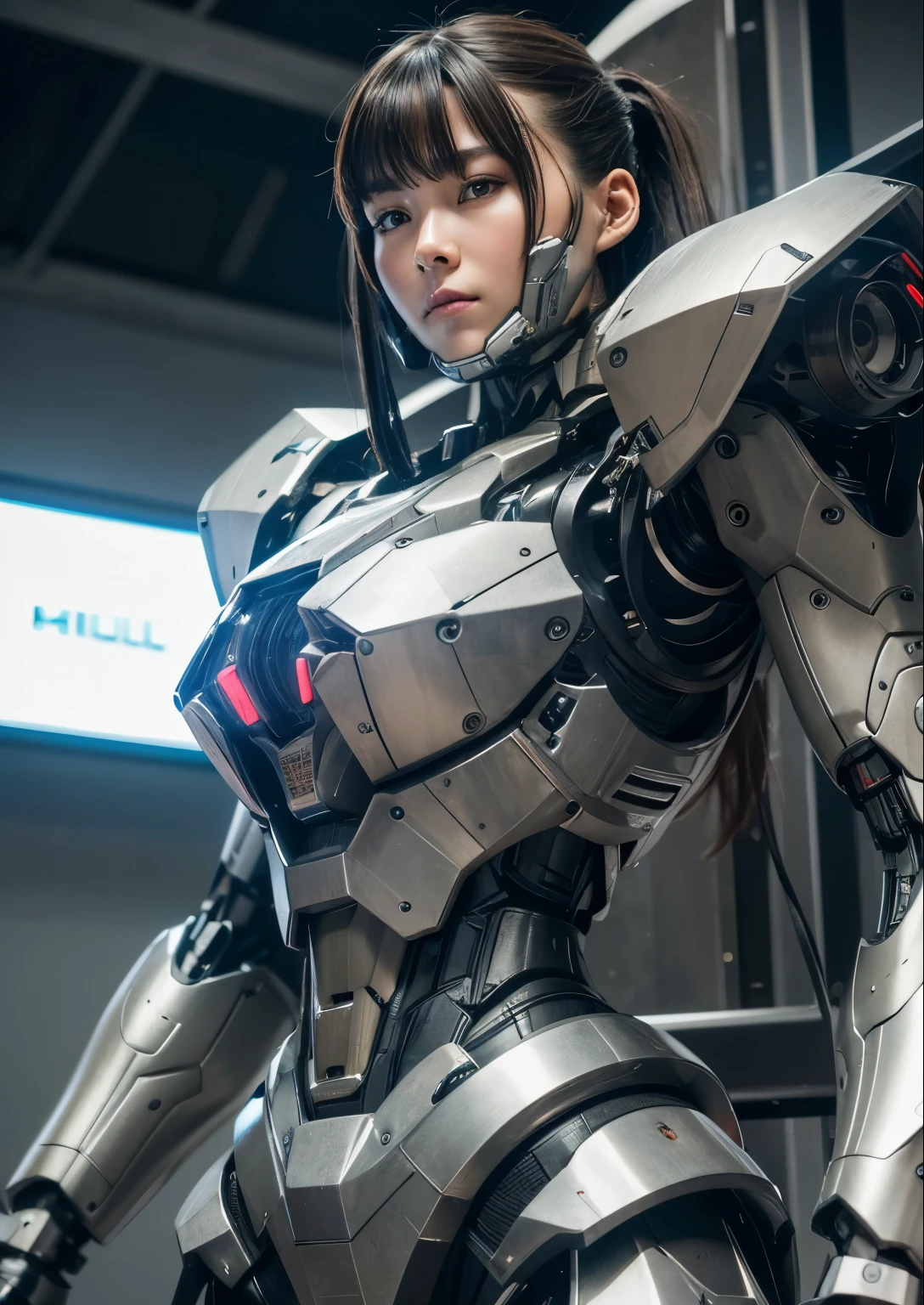 Textured skin, Super Detail, high details, High quality, Best Quality, hight resolution, 1080p, hard disk, Beautiful,(War Machine),beautiful cyborg woman,Mecha Cyborg Girl,Battle Mode,Girl with a Mecha Body,She wears a futuristic war machine weapon mech,Fulll body Shot