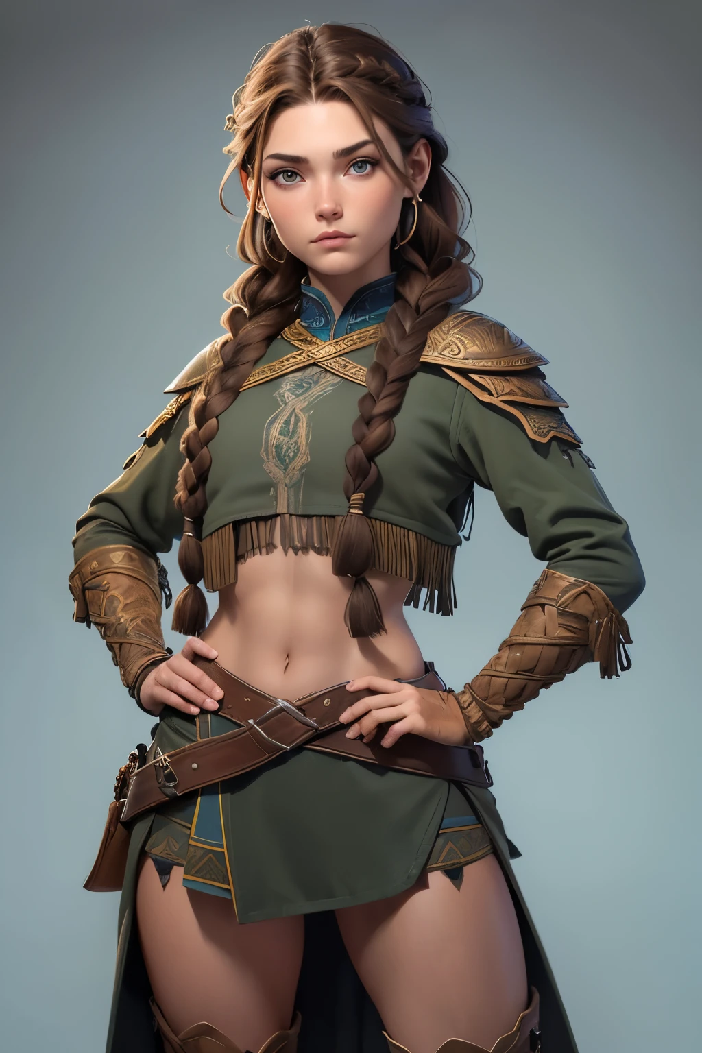 (Obra maestra, La mejor calidad) (young warrior woman of nordic descent), (ojos verdes), (Muscular), (falda de piel), (brown hair color),(loose hair with small braids on the scalp), (top con correa de cuero) plumas, capa sobre el hombro, bufas, (azul, gray and brown suit).