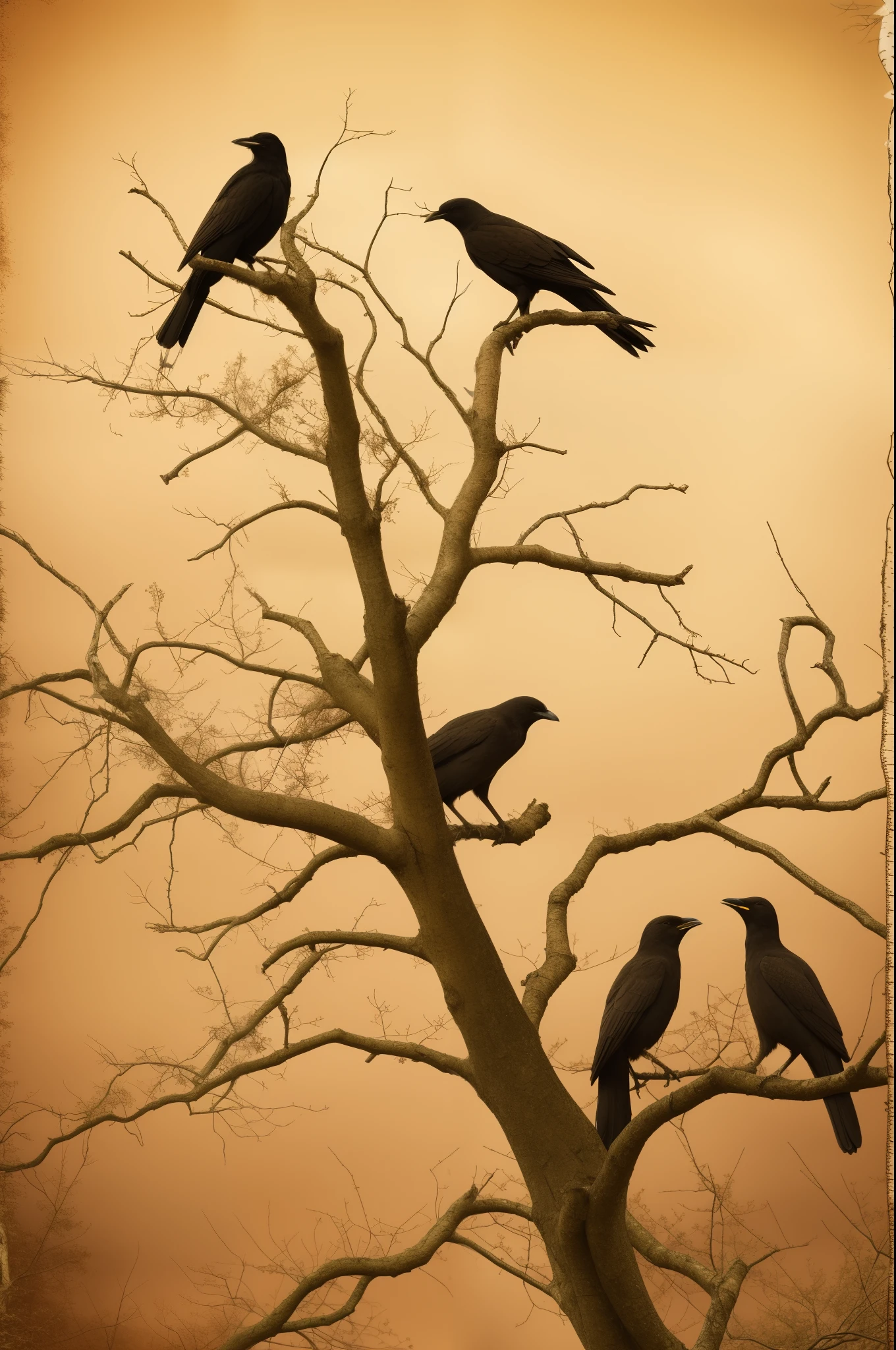Black crows standing on dead tree branches with a sepia tone backgorund.