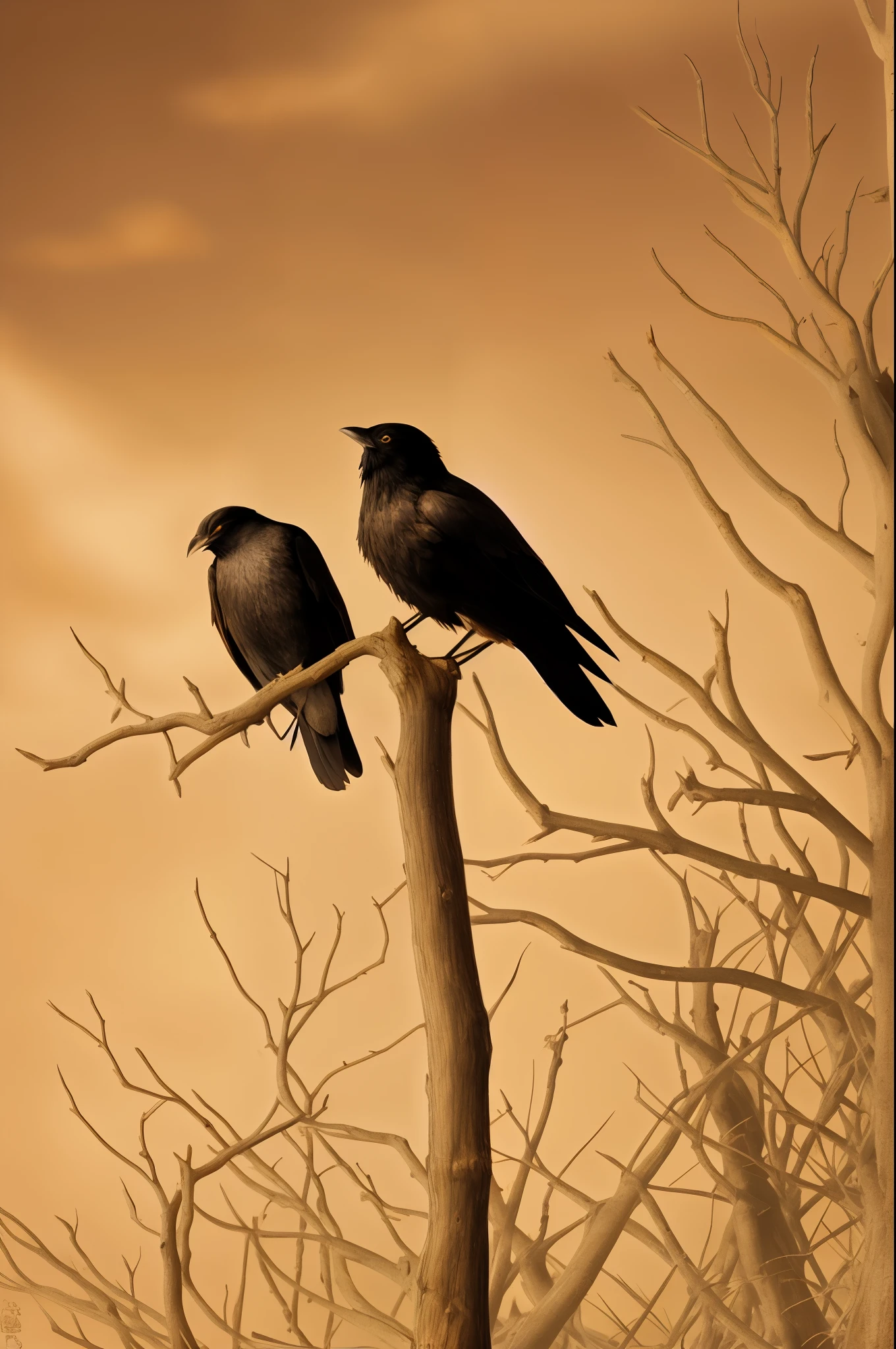 Black crows standing on dead tree branches with a sepia tone backgorund.