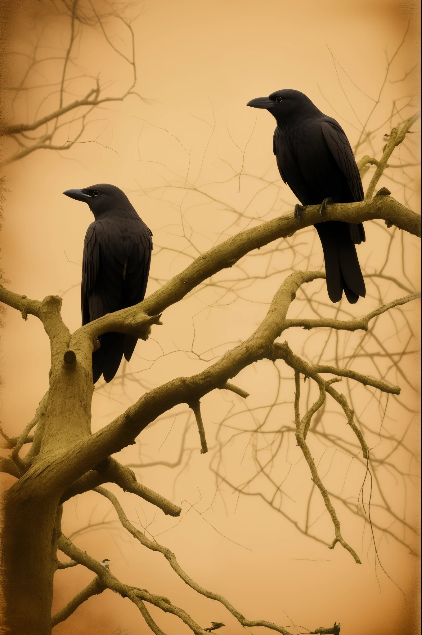 Black crows standing on dead tree branches with a sepia tone backgorund.