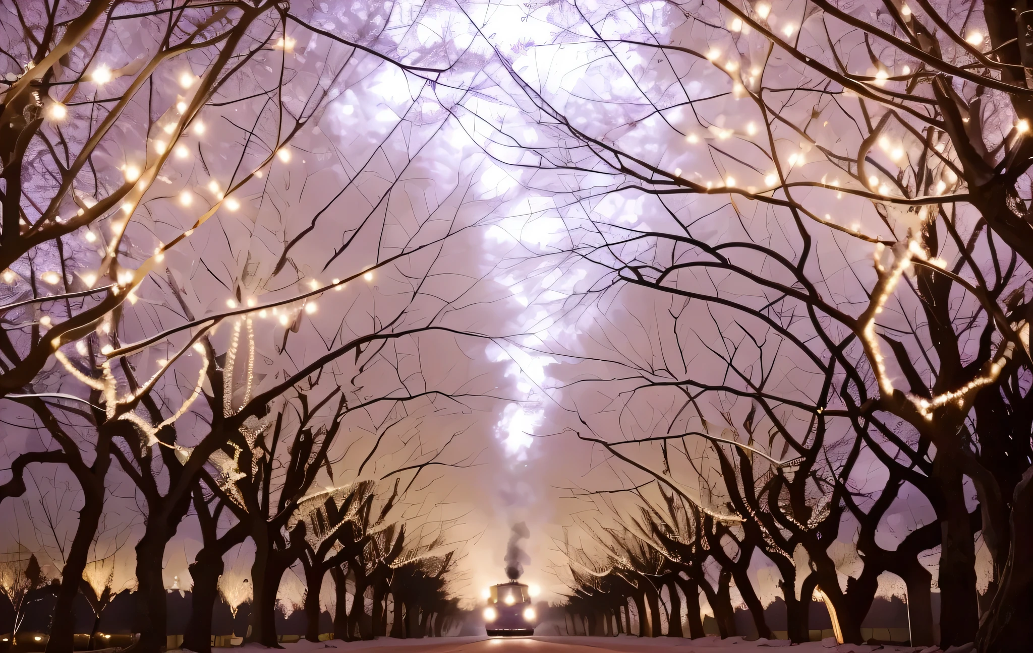 deep night,There is a huge old locomotive in the middle of the road