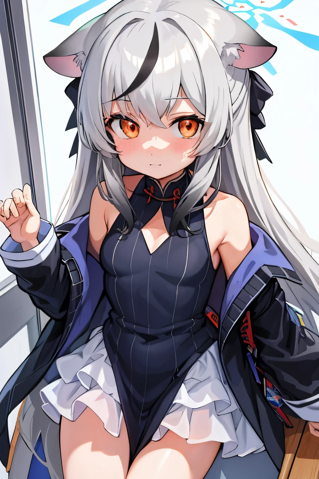 tmasterpiece, best qualtiy, ultra - detailed, 1girll,Gray hair Kokona, inside in room, Orange eye, :3,the face, closeup cleavage, Winter suit, winter wonder