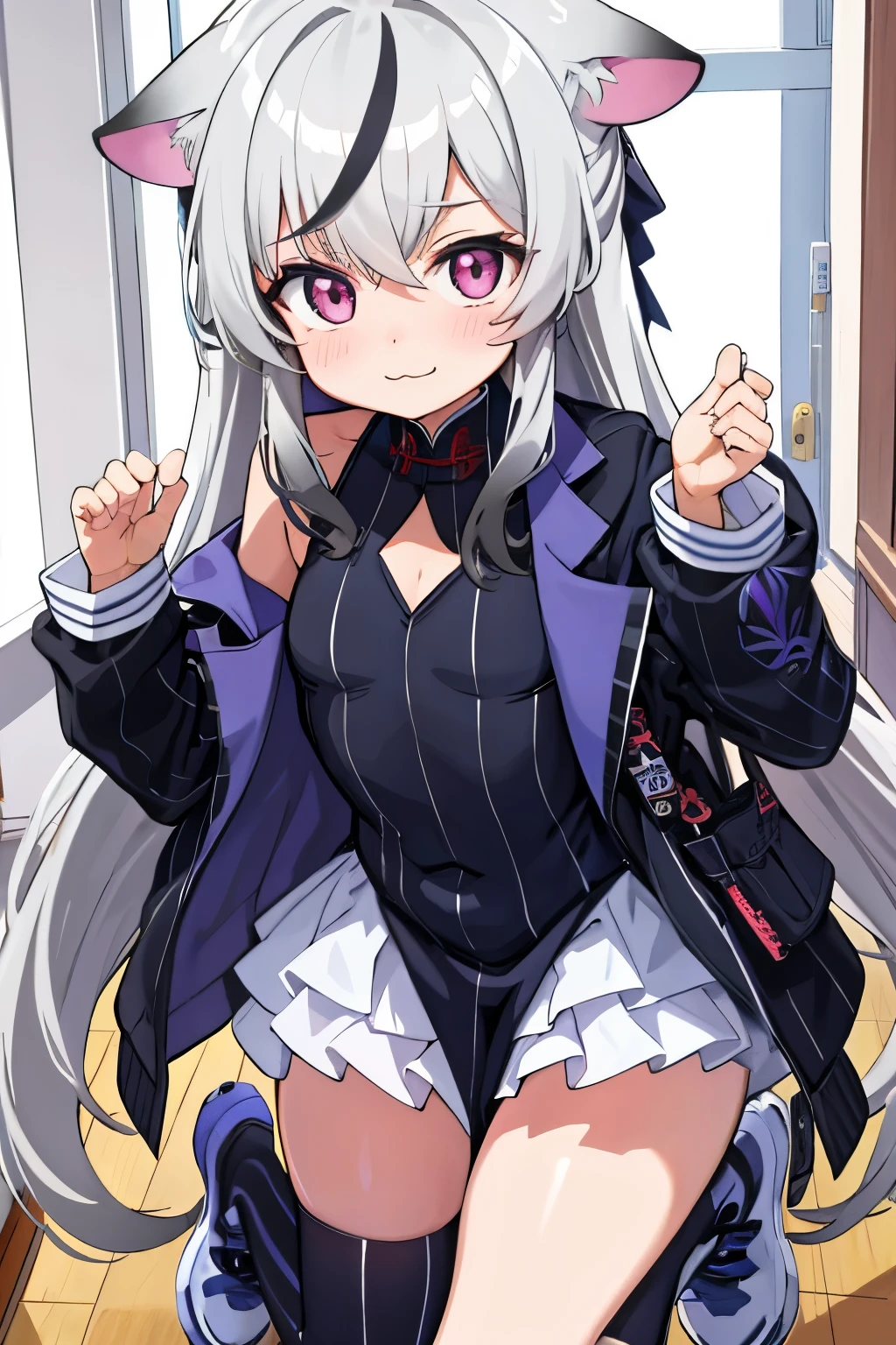 tmasterpiece, best qualtiy, ultra - detailed, 1girll,Gray hair Kokona, inside in room, Purple eye, :3,the face closeup cleavage, Winter suit, winter wonder