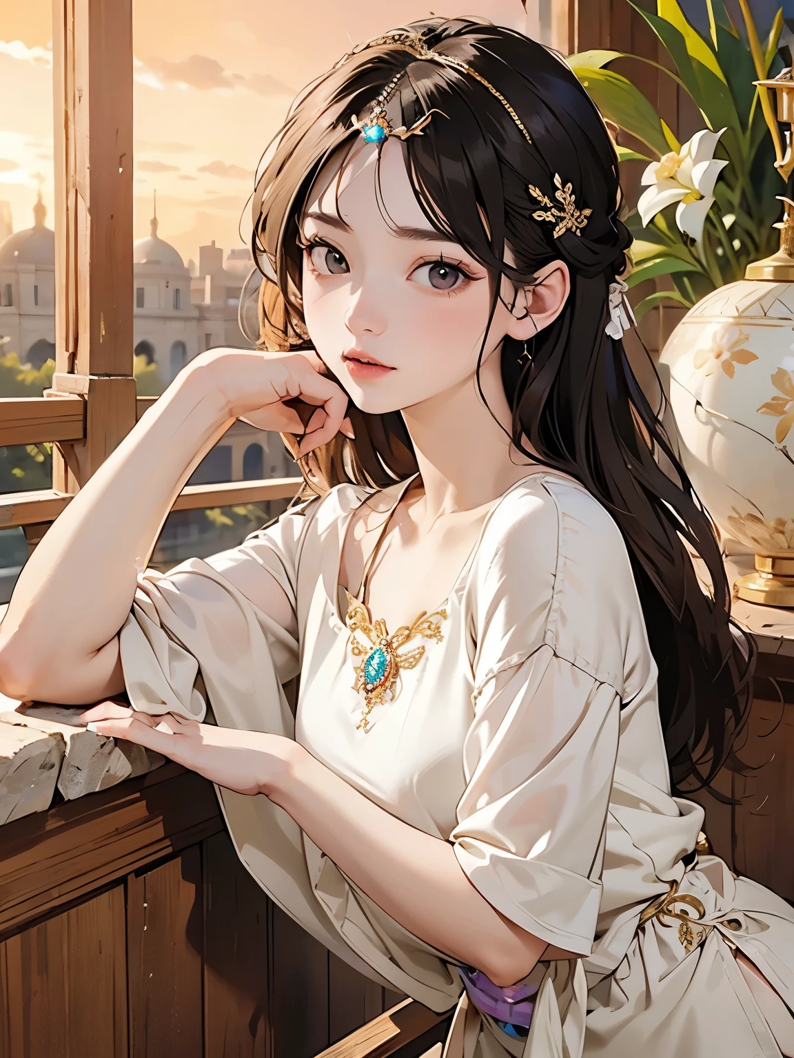 Top quality, 8K, masterpiece, ultra-detailed, Percian accessory, pink jewels, blue jewels, rings, Percian princess things, gold needle works, looking at viewer, flushed