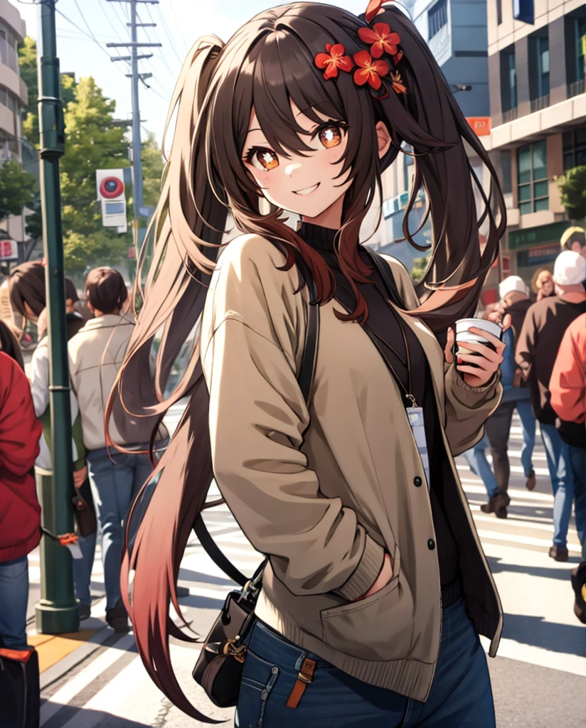 street，a girl，Smile，flower-shaped pupil，casual wear, permanent，a cup，Hand in pocket，Surrounded by a lot of people